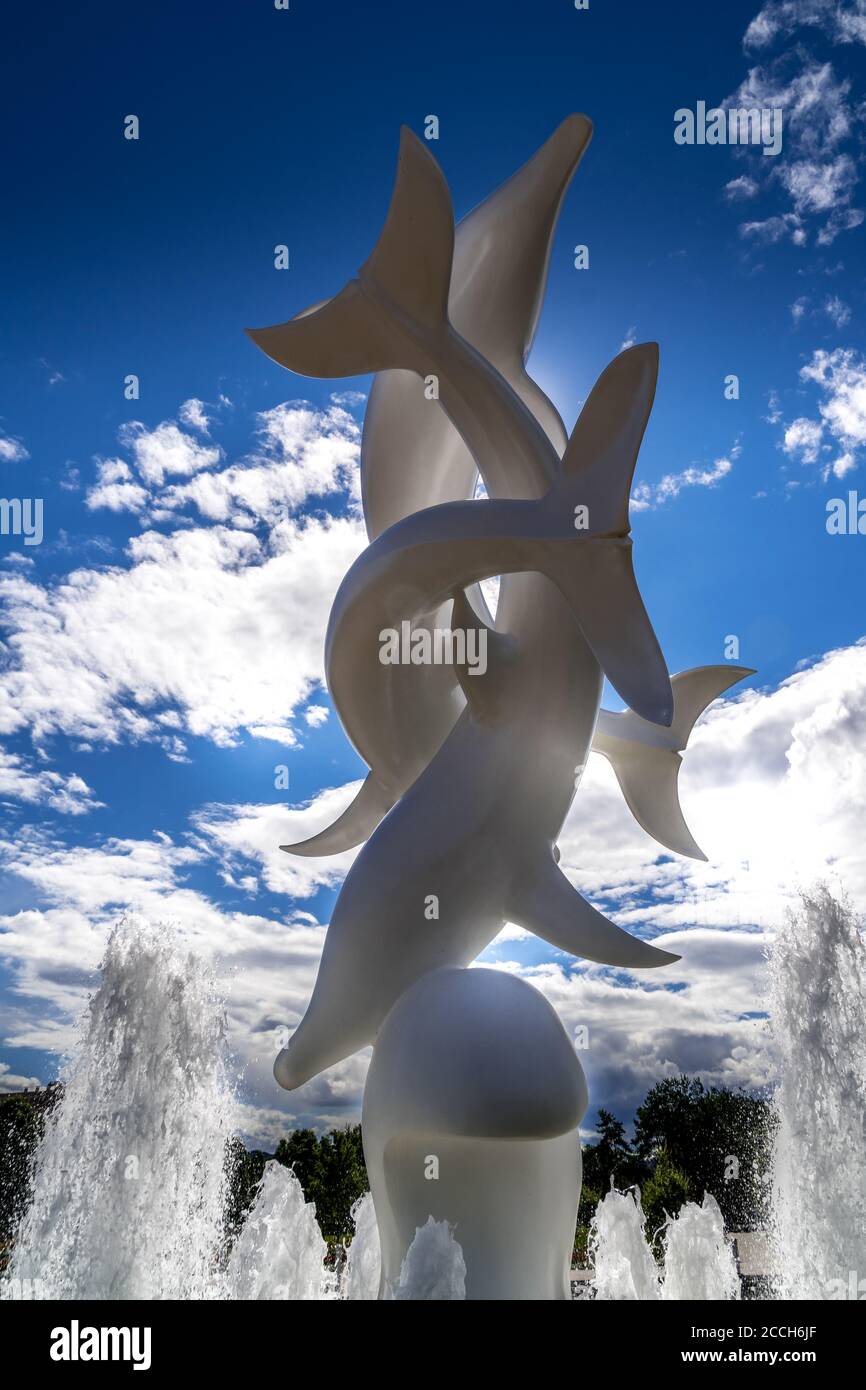 Rhapsody, eine Gruppe von Fiberglass Dolphins, in einem Brunnen am Rhapsody Plaza in der Stadt Kelowna Stockfoto