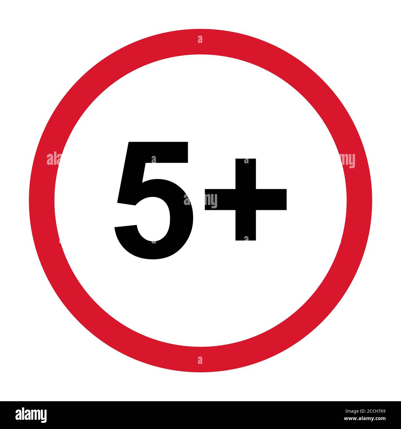 5+ Beschränkung flaches Zeichen isoliert auf weißem Hintergrund. Symbol für Altersgrenze. Nein unter fünf Jahren Warnung Illustration . Stock Vektor