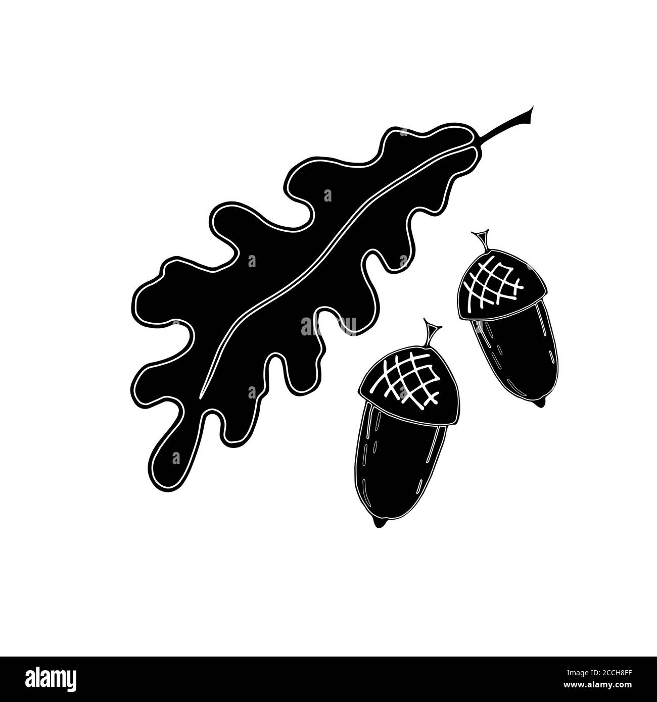 Set von Ikonen aus Eichenblatt, Eicheln. Handgezeichneter Skizzenstil, weißer Umrissstrich, schwarze Füllung Stock Vektor