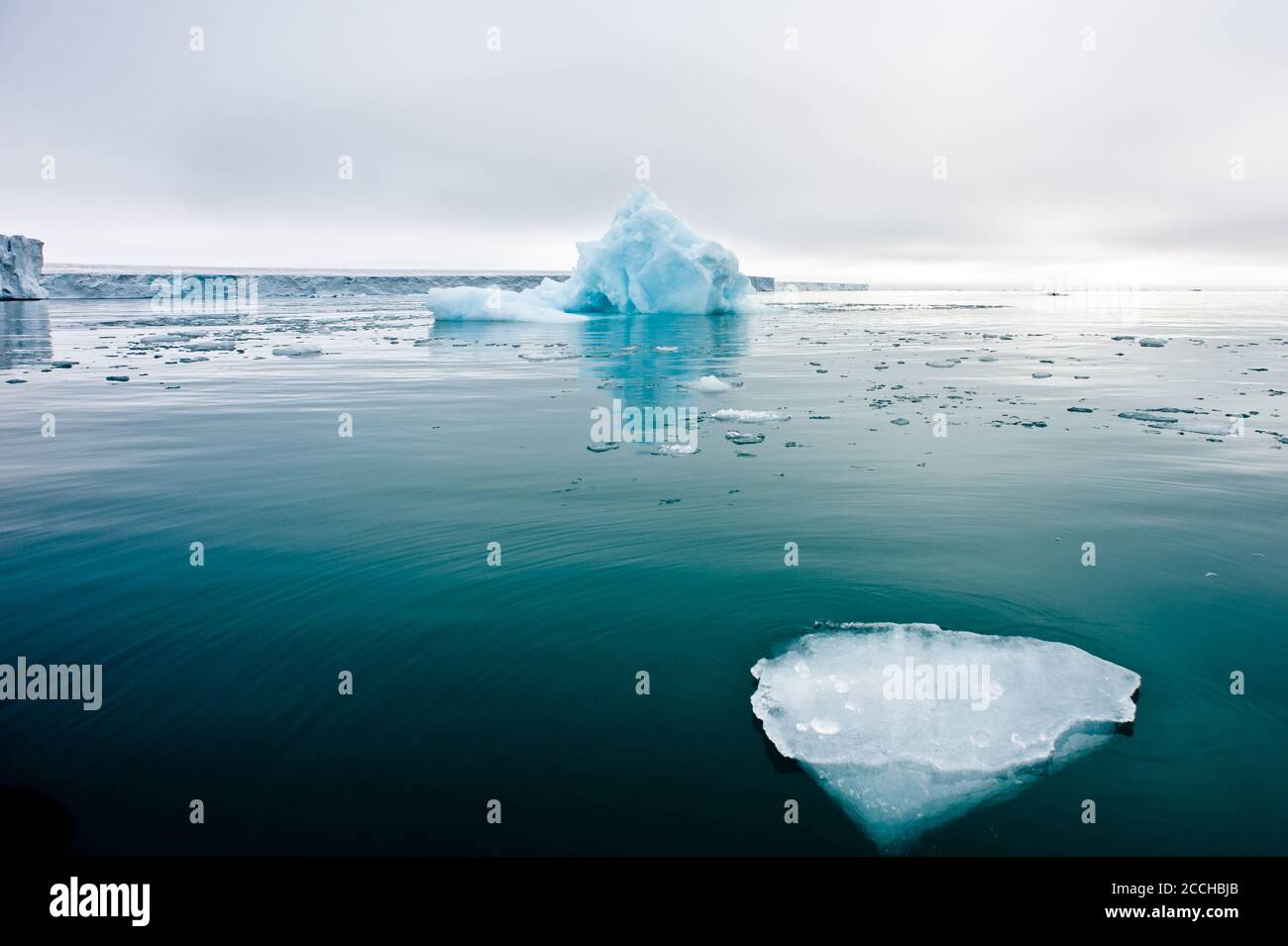 Eine weite Ansicht von schmelzenden Eisschollen aus tiefem Winkel In den stillen Gewässern des Nordarktischen Ozeans mit dem Eisberg und Gletscherwand im Hintergrund Stockfoto