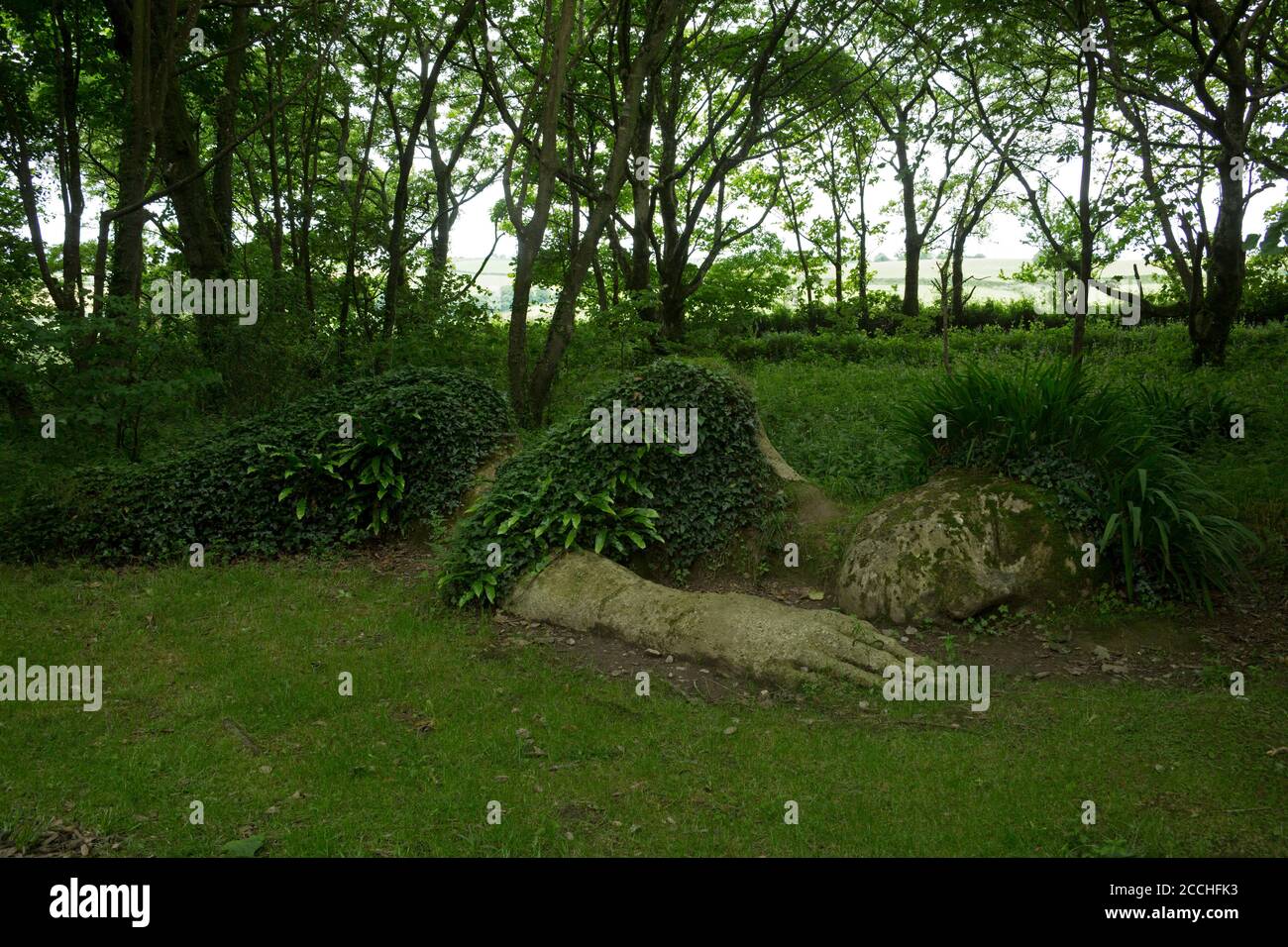 Schlammmädchen schläft entlang Waldspaziergang, Lost Gardens of Heligan, Cornwall, Großbritannien Stockfoto