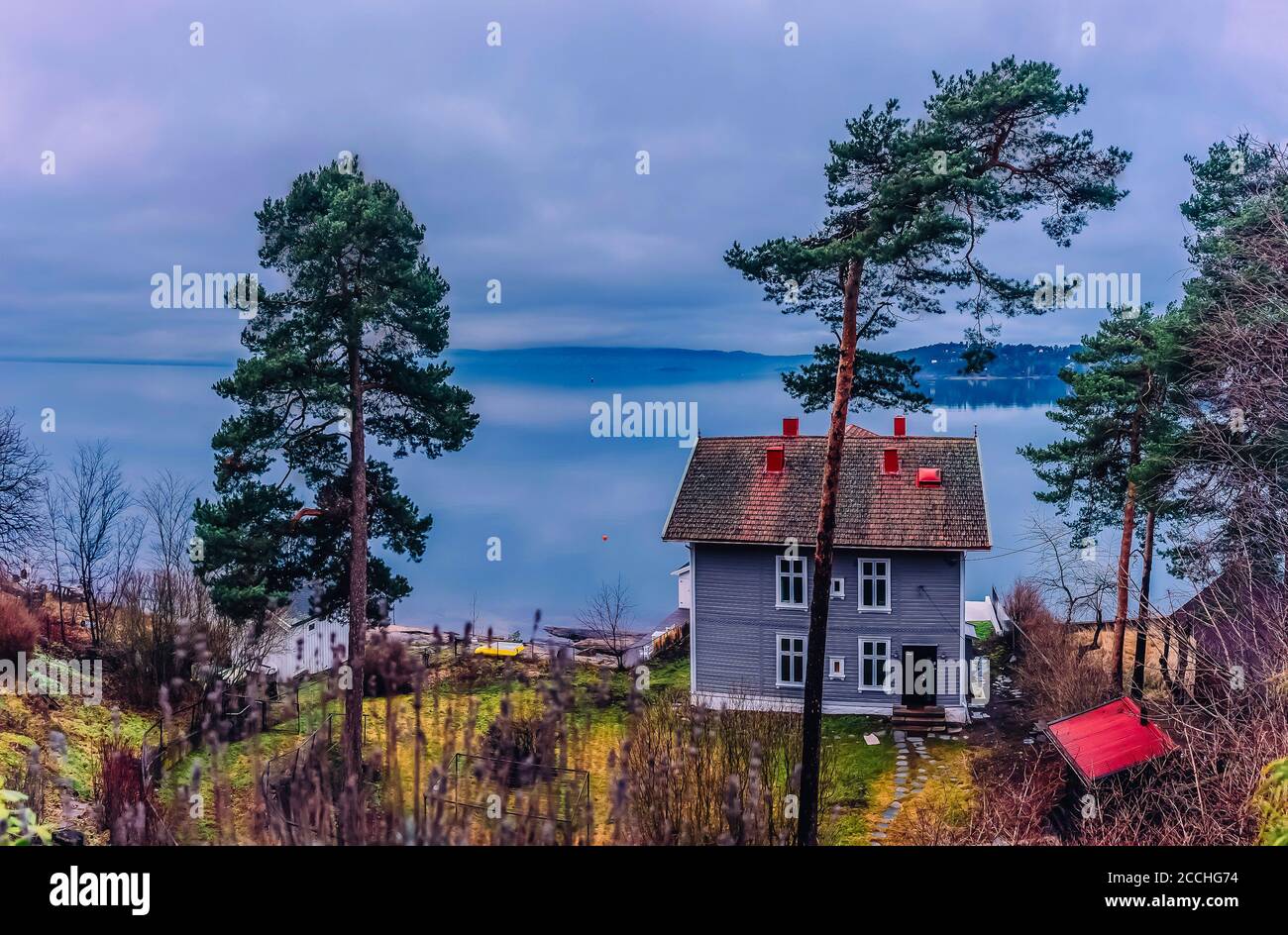 Blick auf Oslofjord mit einem grauen Haus und Kiefern. Skandinavisches Naturpanorama Stockfoto