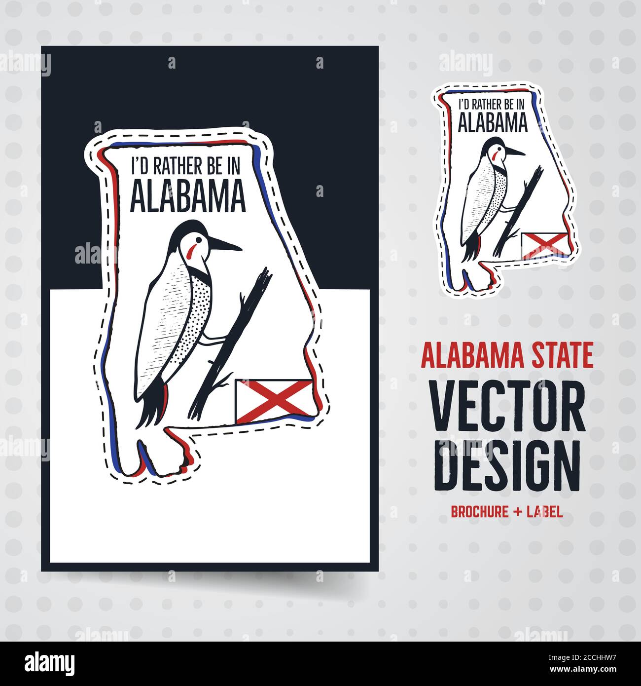 Vintage Alabama Abzeichen und Broschüre Illustration Design. US-Staatswappen mit Text - ID eher in Alabama sein. Ungewöhnlicher patch im amerikanischen Hipster-Stil Stock Vektor