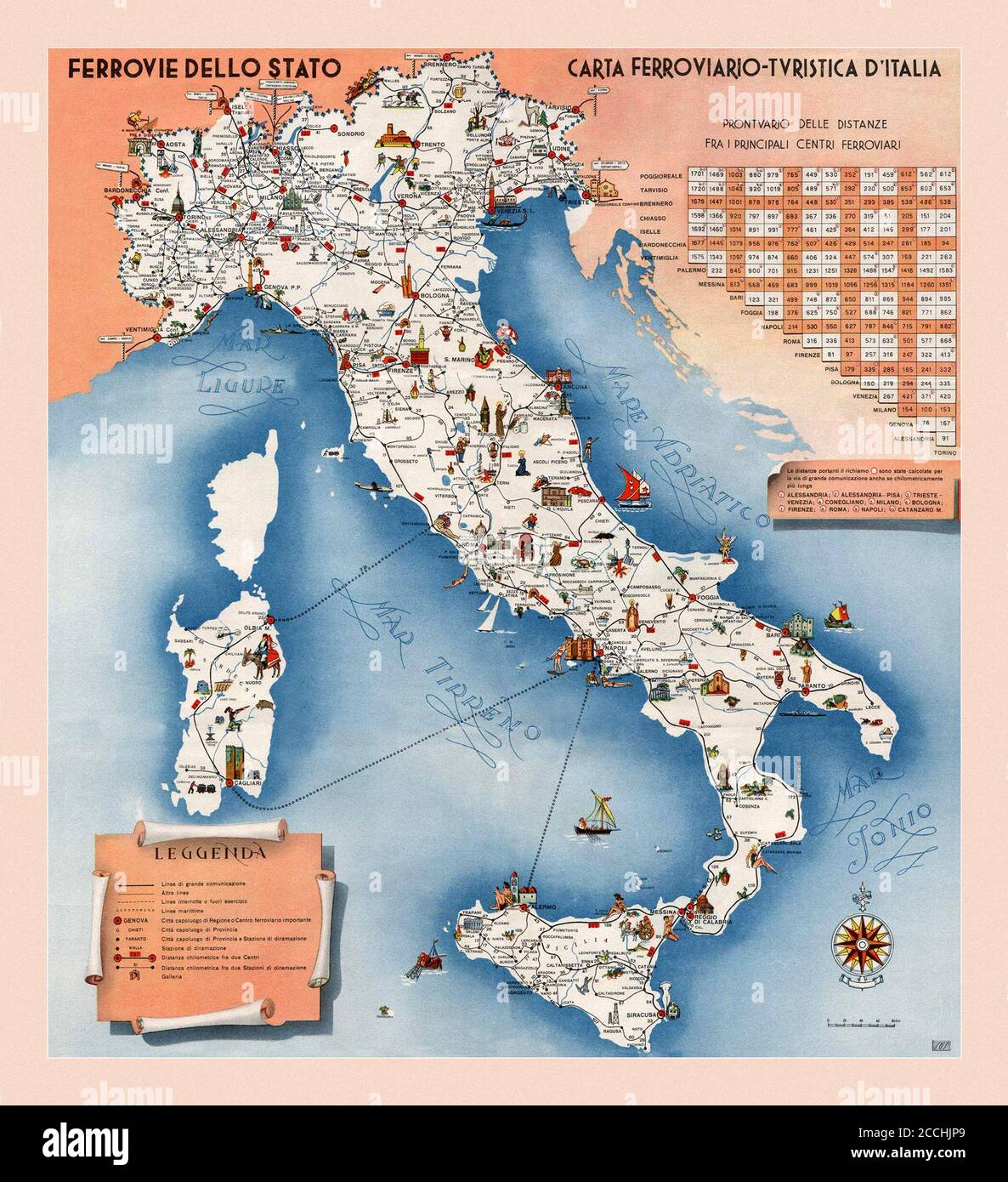 Eisenbahnkarte Italien 1953 Stockfoto