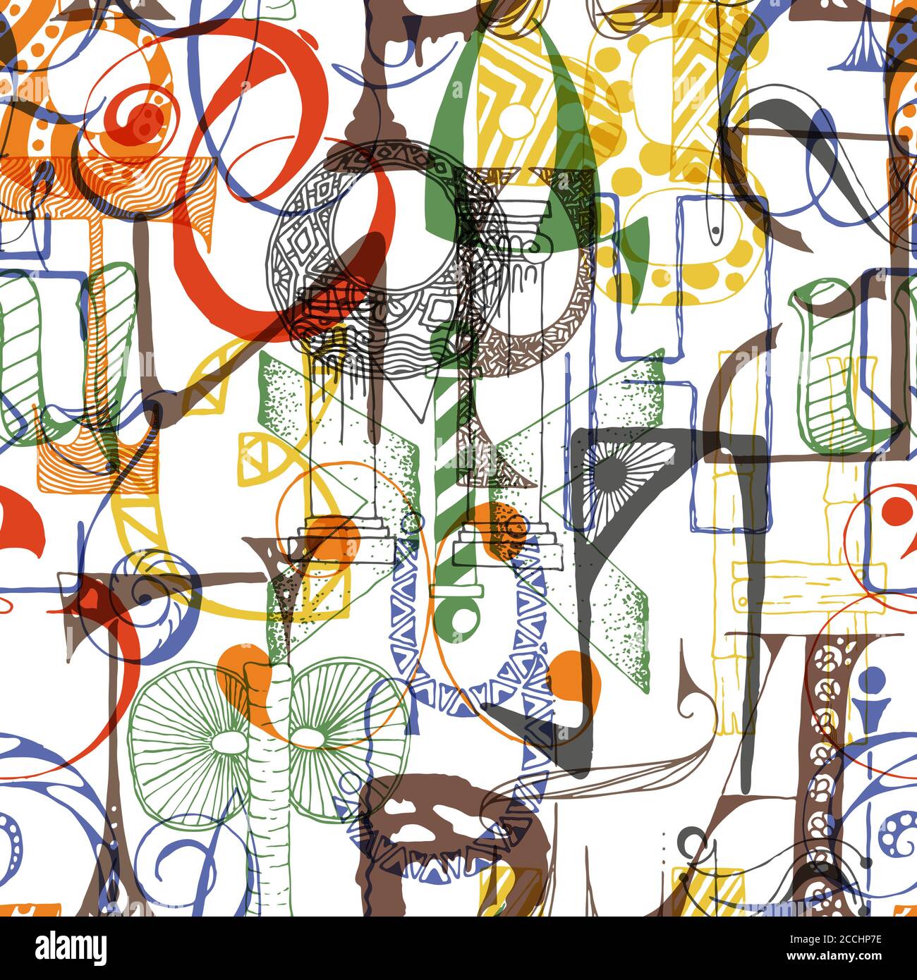 Handgezeichnete kyrillische Großbuchstaben nahtloses Muster. Verschiedene, seltsame und lustige Initialen verzierten Mützen. Endlose Vektordarstellung Stock Vektor