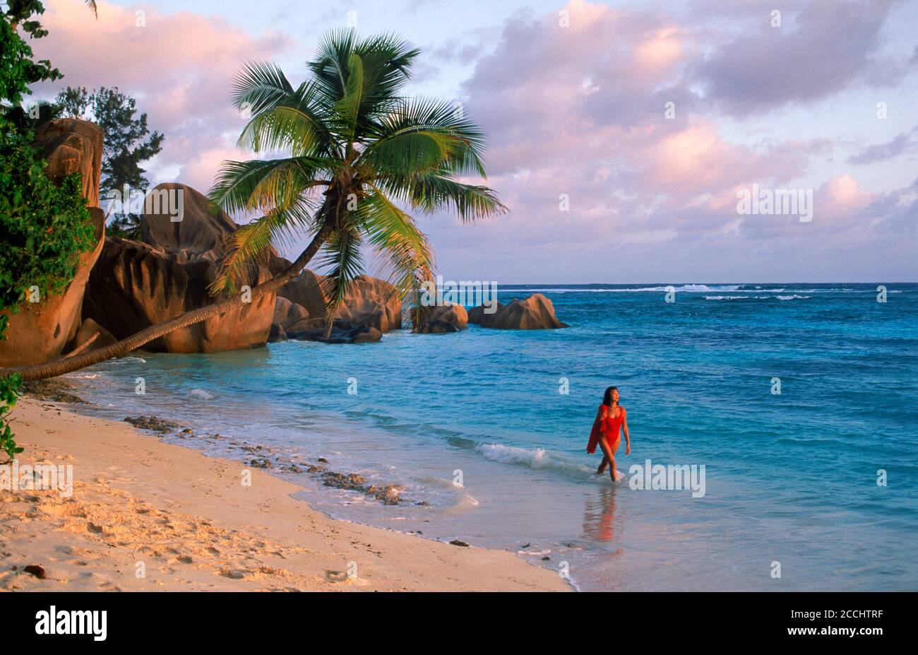 Frau am Sandstrand mit rotem Handtuch und Palme Bei Anse Severe auf La Digue Insel Seychellen Stockfoto