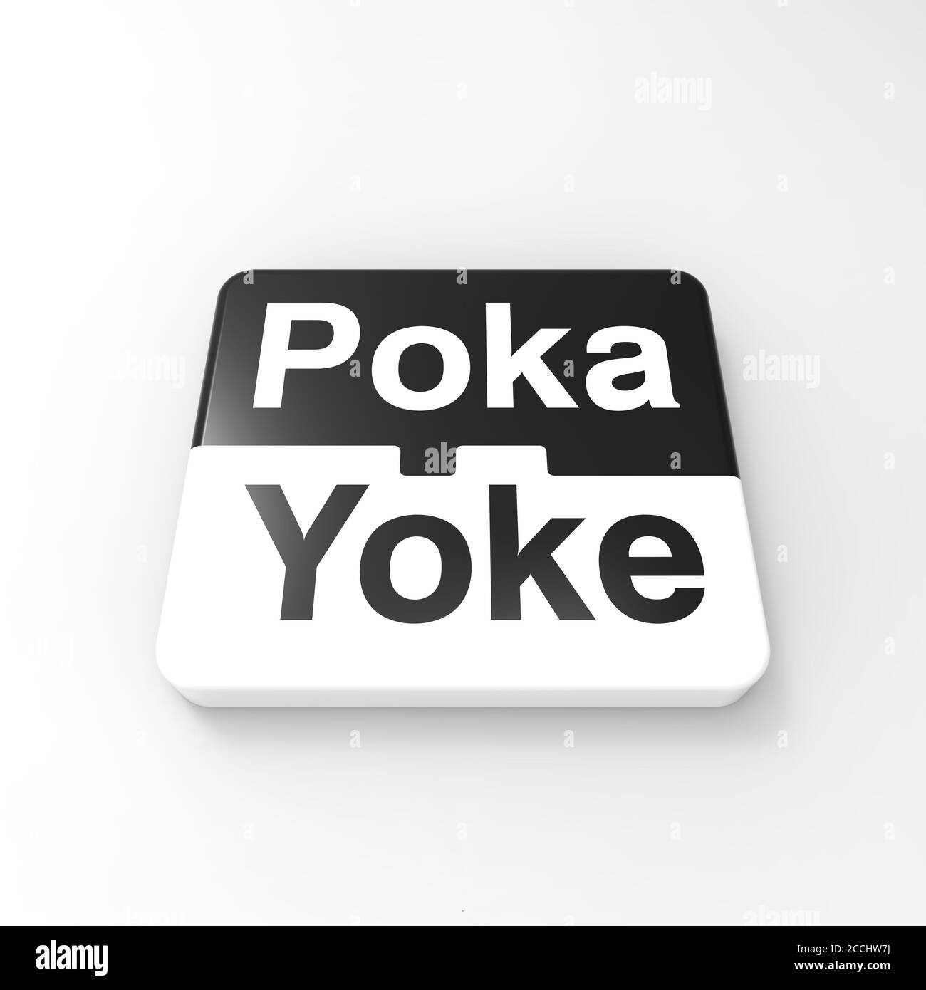 Schwarz-weiße, ineinandergreifende Blöcke mit Poka Yoke Text auf weißem Hintergrund zur Darstellung des Lean-Prozesses, bei dem durch die Formkonstruktion Baugruppenfehler vermieden werden können Stockfoto