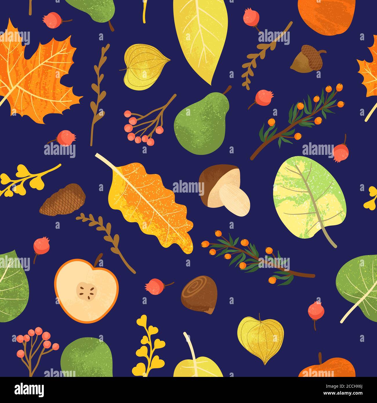 Buntes Herbstblatt-Muster in warmen Farben, nahtlos. Fällt Blätter Hintergrund wiederholen. Trendiges Flachdesign mit Textur. Ideal für Hintergründe, Karten, Stock Vektor