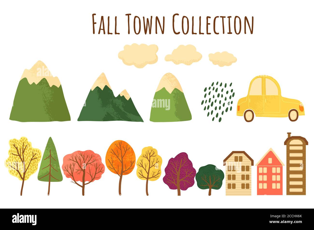 Herbstkollektion mit Bäumen, Bergen, Häusern, Autos und Wolken Ikonen. Konstruktor Set für bunte fällt Landschaft Konzept in Cartoons flachen Stil. Ve Stock Vektor