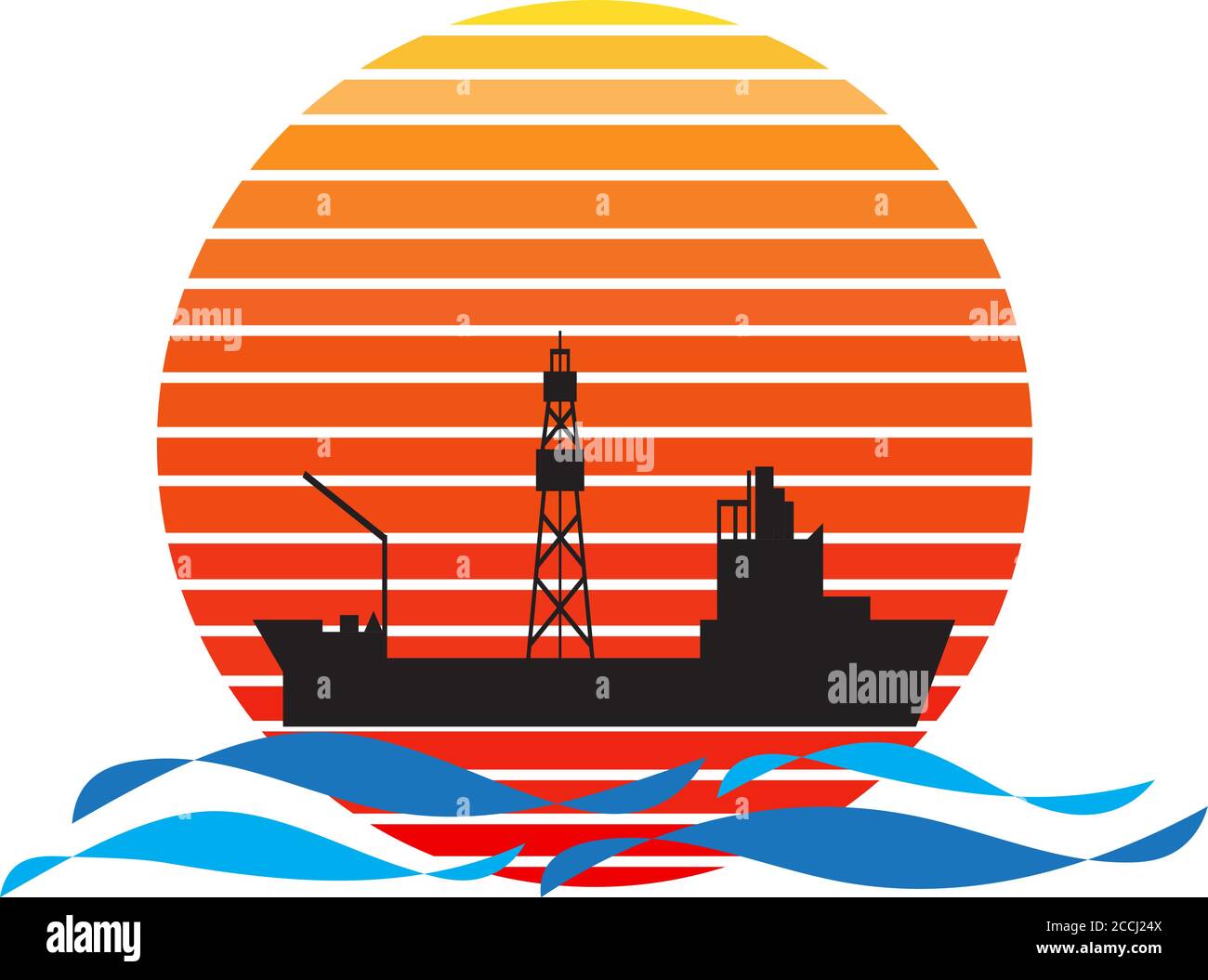 Vektor von Bohrschiff auf See und Sonnenuntergang im Hintergrund. Öl und Gas Unternehmen Silhouette Logo Illustration Design Stock Vektor