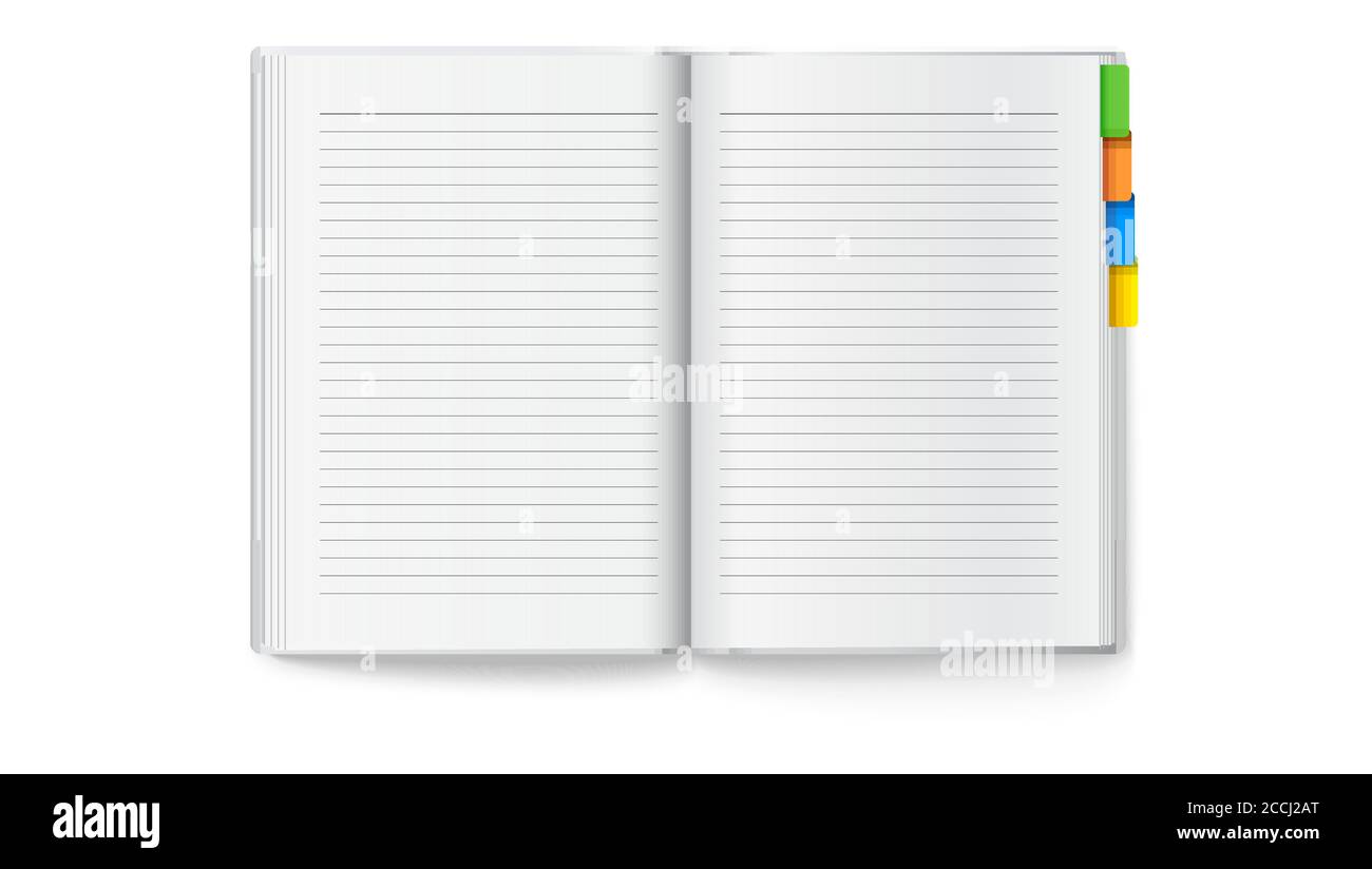 Geöffnetes Notizbuch mit farbigen Lesezeichen. Vektor-3d-Illustration isoliert auf Weiß Stock Vektor