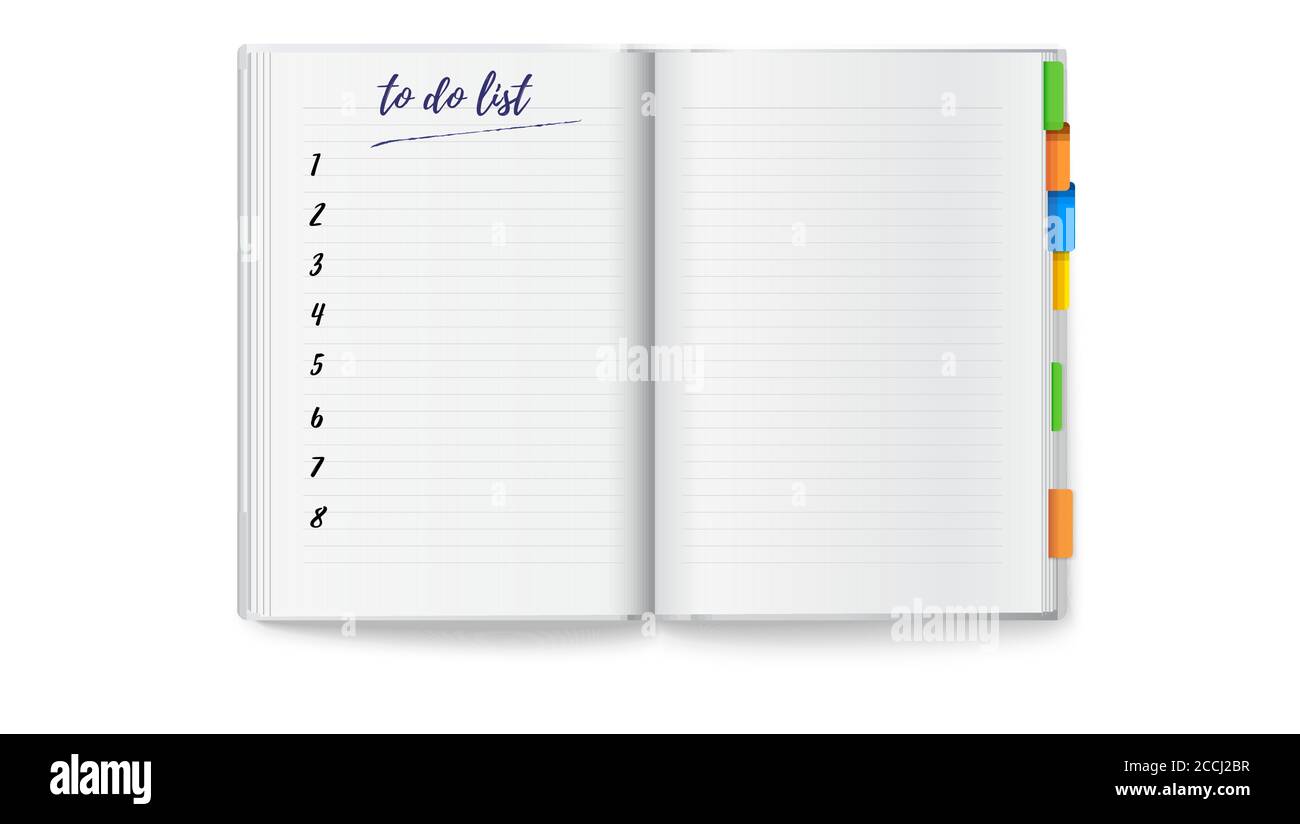 Realistisches geöffnetes Notizbuch mit sauberer To-Do-Liste und farbigen Lesezeichen. Vektor-3d-Illustration isoliert auf Weiß Stock Vektor