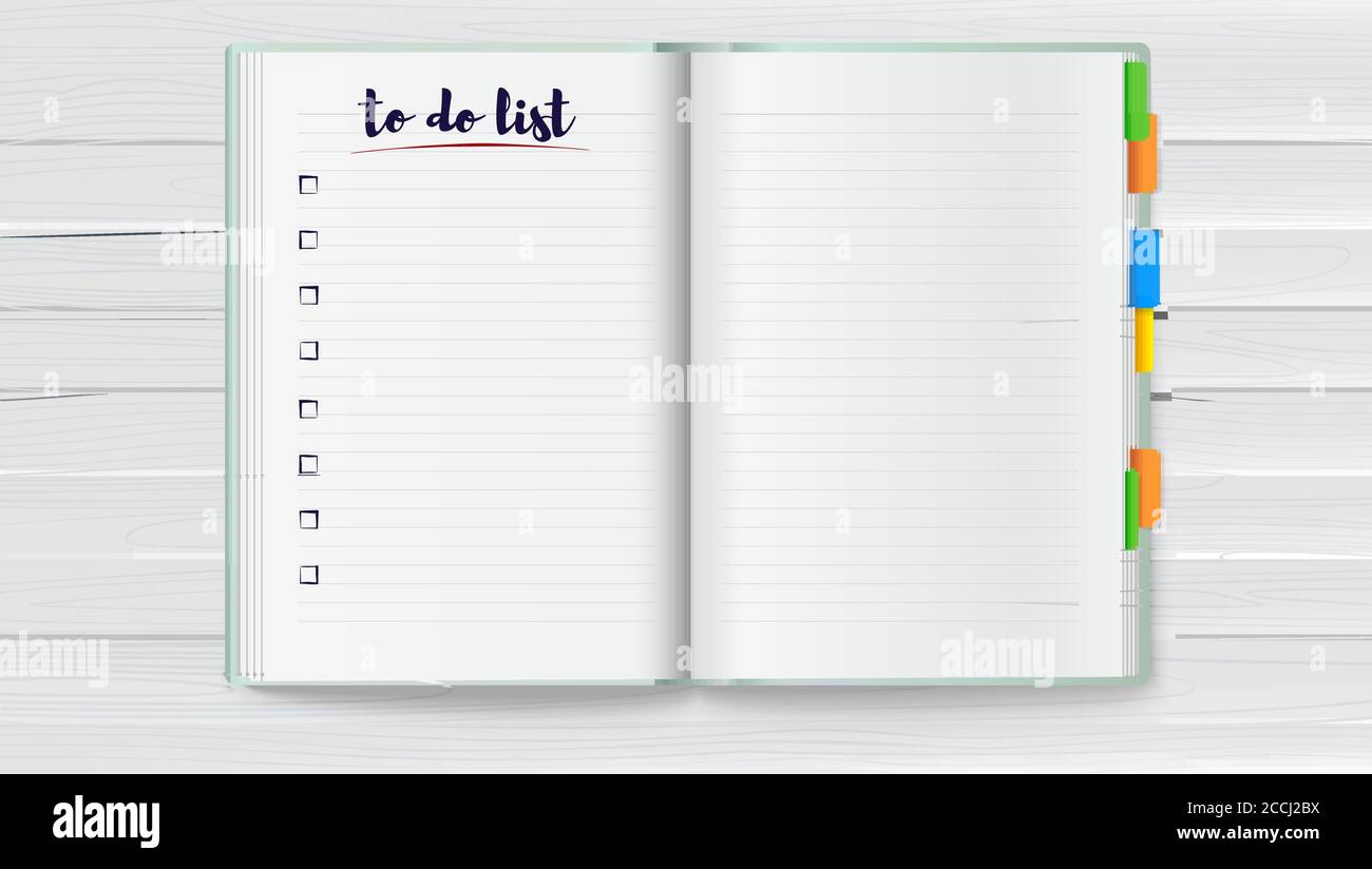 Realistisches geöffnetes Notizbuch mit sauberer To-Do-Liste und farbigen Lesezeichen auf Holzschreibtisch. Vektor-3d-Illustration Stock Vektor