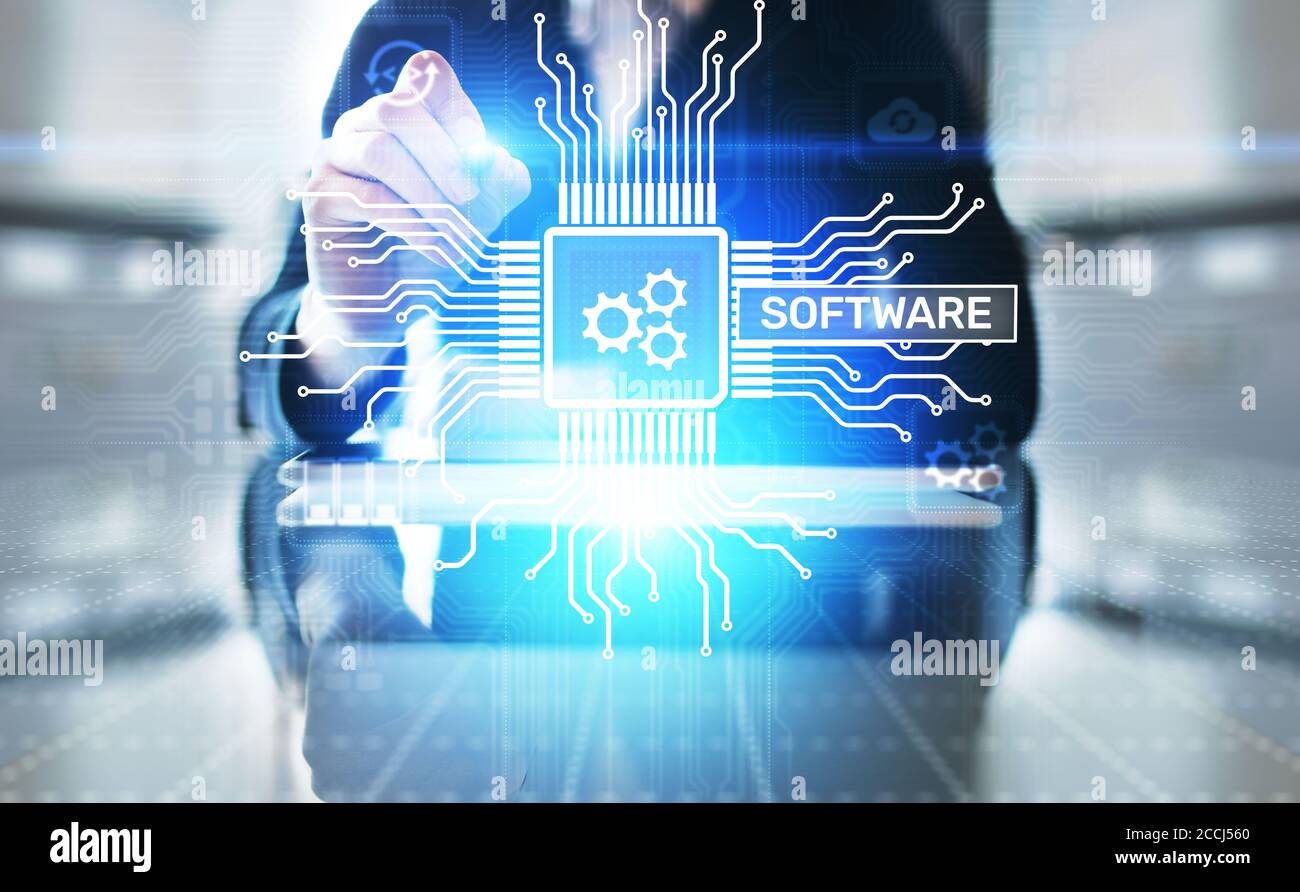 Softwareentwicklung und Geschäftsprozessautomatisierung, Internet- und Technologiekonzept auf virtuellem Bildschirm Stockfoto