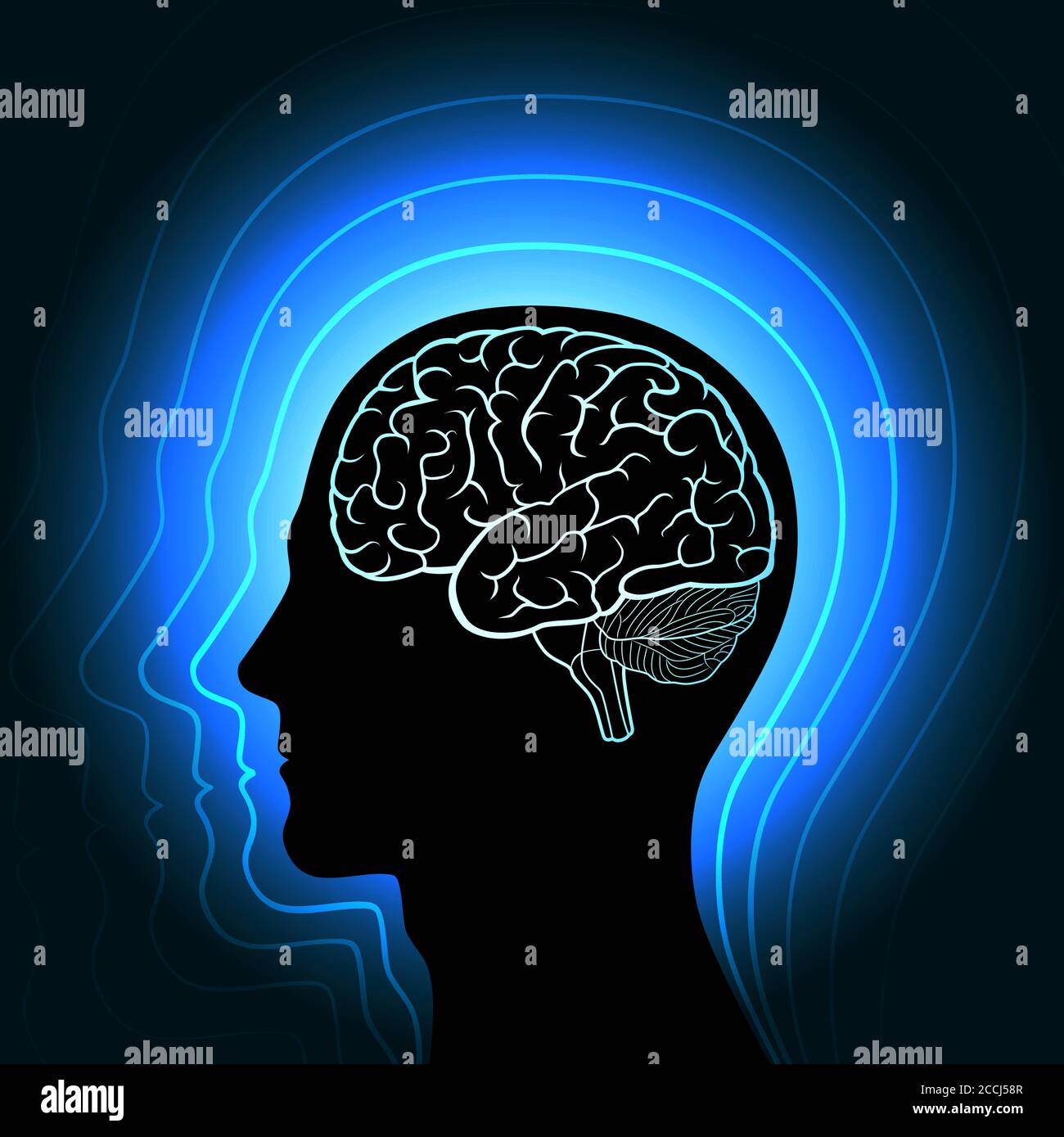 Ein menschlicher Kopf mit einem leuchtenden Umriss des Gehirns und strahlt von ihr in Wellen. Das Konzept der Verbindung des Menschen mit dem Universum Stock Vektor
