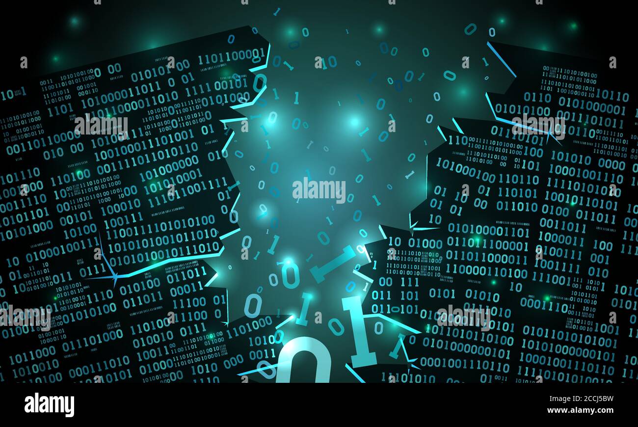 Abstrakt futuristischer Cyberspace mit einem gehackten Array von binären Daten, zerbrochener fallender Binärcode, Matrix-Hintergrund mit Ziffern, Big Data neuronales Netz, Stock Vektor