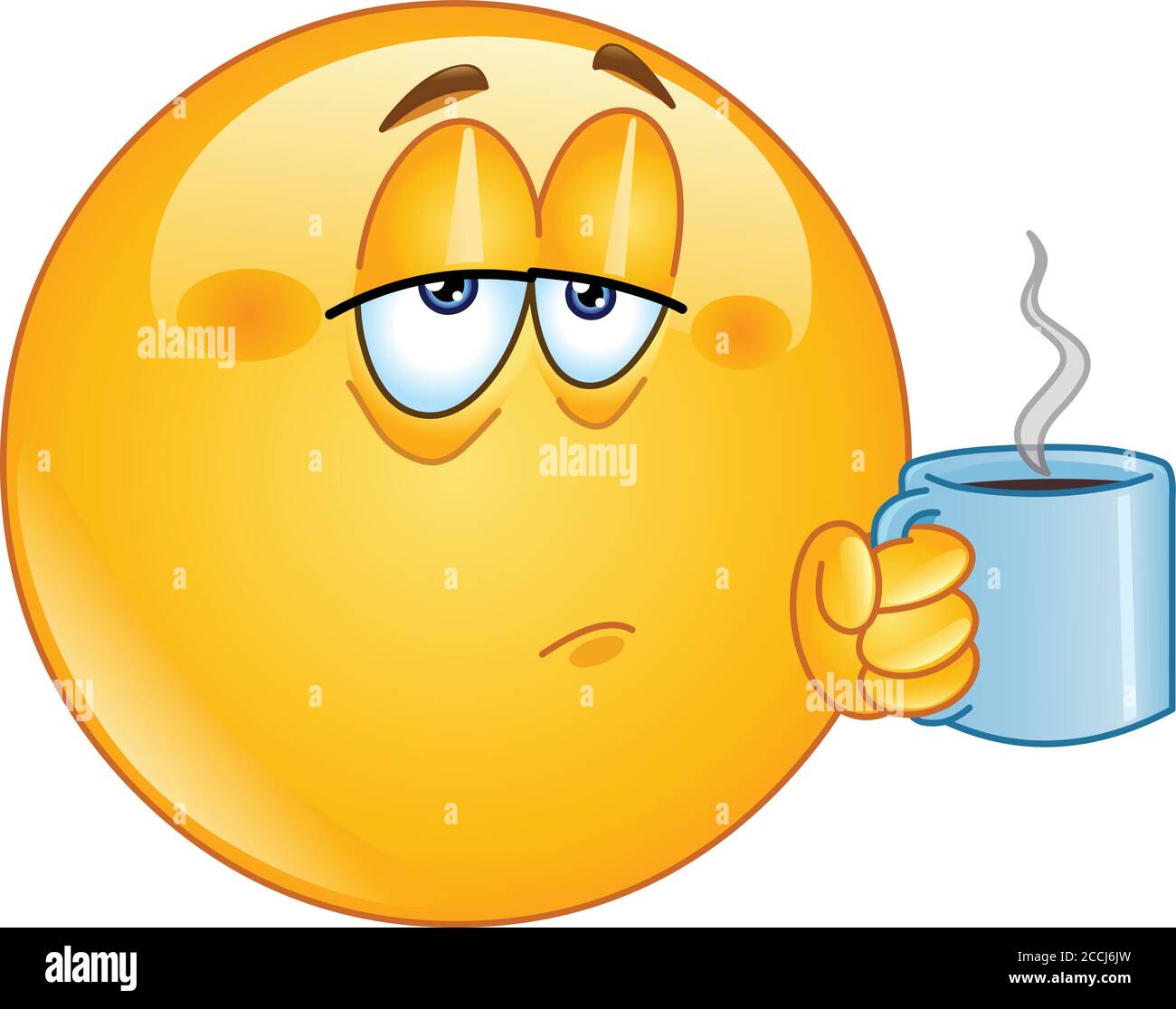 Müde emoji emoticon hält Kaffee Morgen Tasse Stock Vektor
