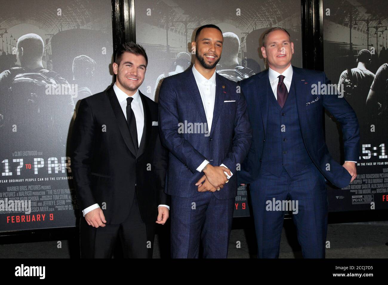 LOS ANGELES - 5. FEB: Alek Skarlatos, Anthony Sadler, Spencer Stone bei der Weltpremiere von 15:17 bis Paris im Warner Brothers Studio am 5. Februar 2018 in Burbank, CA Stockfoto