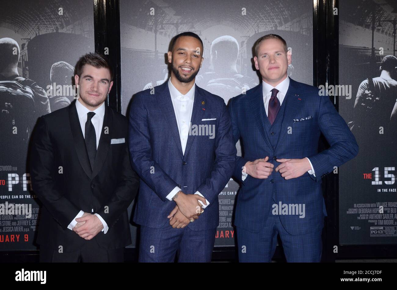LOS ANGELES - 5. FEB: Alec Skarlatos, Anthony Sadler, Spencer Stone bei der Weltpremiere von 15:17 bis Paris im Warner Brothers Studio am 5. Februar 2018 in Burbank, CA Stockfoto