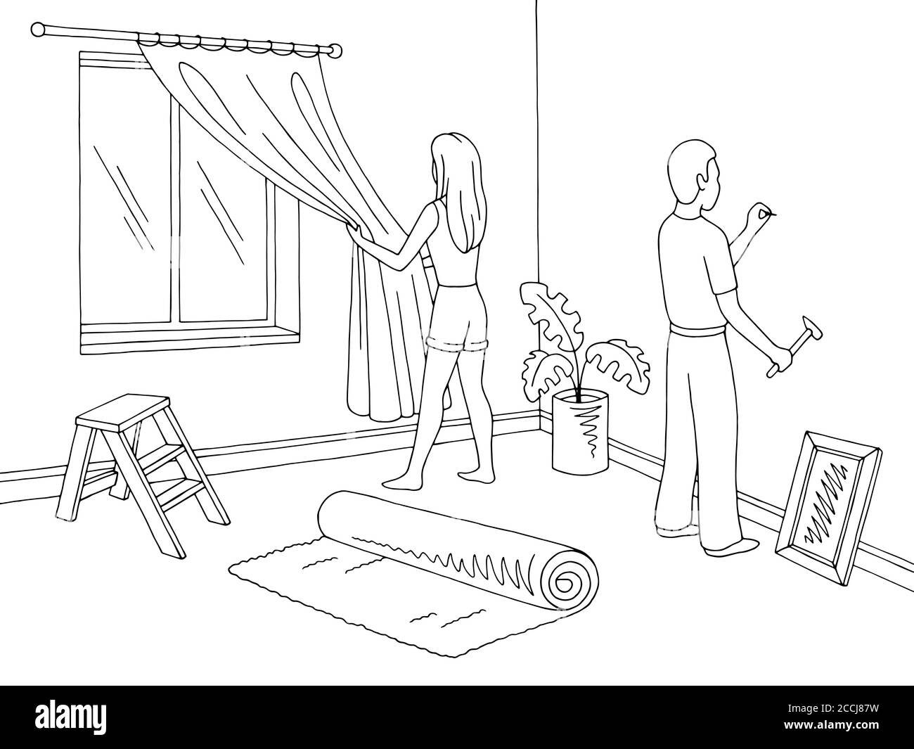 Renovierung Zimmer Haus Inneneinrichtung Grafik schwarz weiß Skizze Illustration Vektor. Der Mensch hämmert einen Nagel. Hängender Vorhang für Frauen Stock Vektor