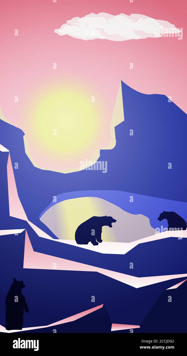 Polygonale Berglandschaft mit Bären am See bei Sonnenuntergang. Bären sitzen und einer steht auf ihren Hinterbeinen. Rosa Himmel mit einer gelben Sonne. Vektor vertikal Stock Vektor