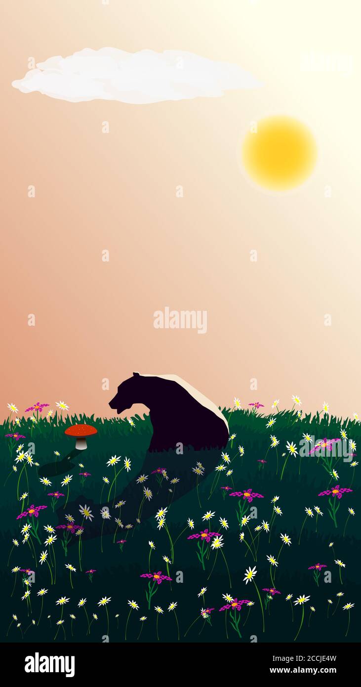 Ein nachdenklicher Bär sitzt auf dem Rasen und schaut auf einen wachsenden roten Pilz. Kontemplation des Schönen. Es gibt viele Blumen auf der Wiese. Stock Vektor