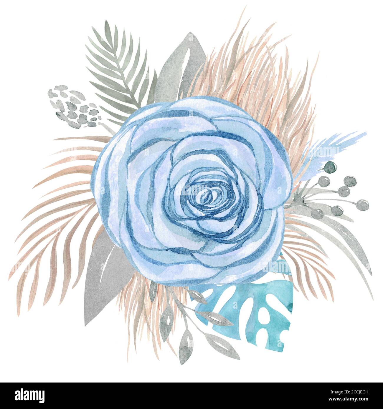 Aquarell Illustration von Boho Bouquet von blauen Rosen und getrockneten tropischen Blättern. Blumenarrangement Hochzeitsblumen Stockfoto