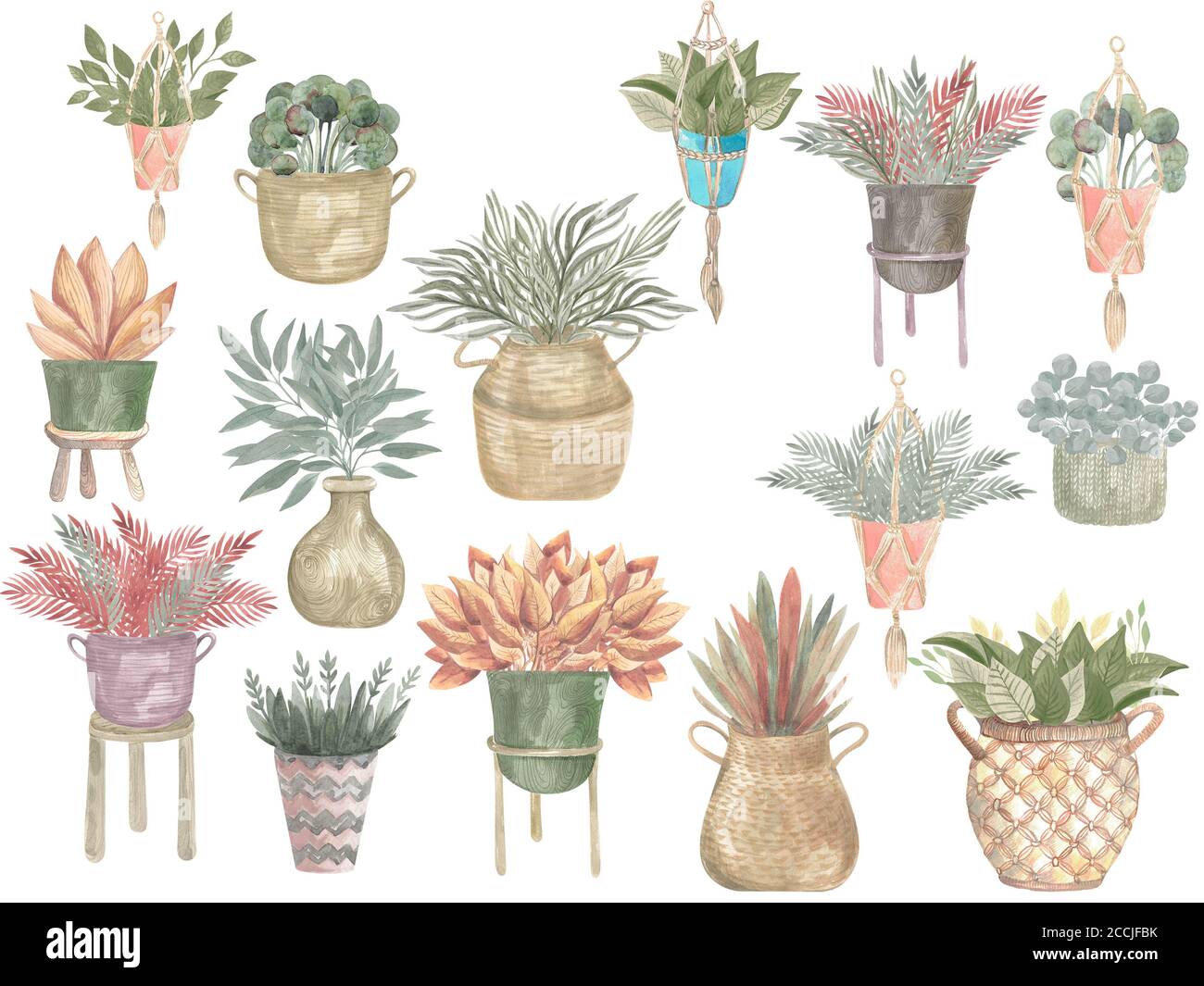 Aquarell-Illustration einer Boho-Sammlung von Pflanzen in Töpfen. Home Dekor moderne Pflanzen in Körben und hängenden Töpfen Stockfoto