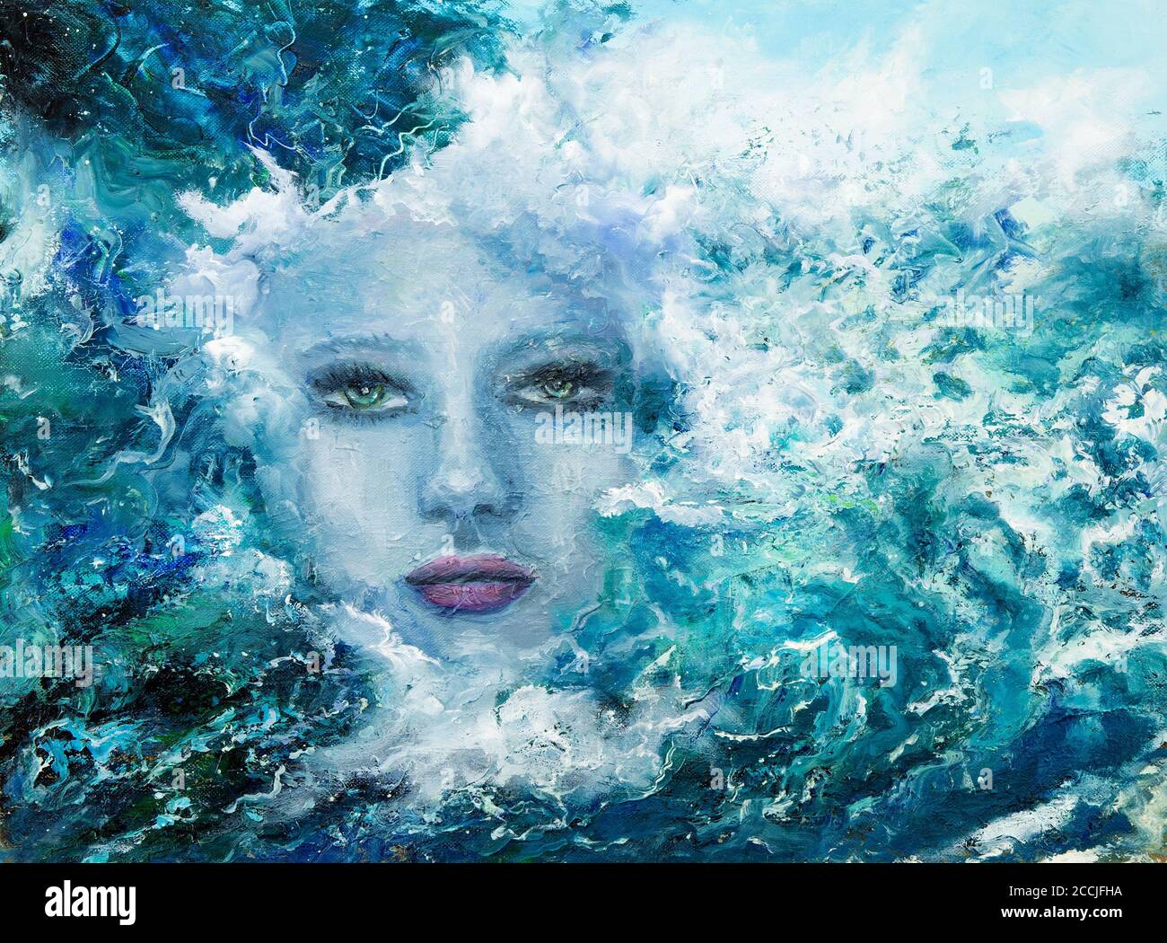 Original abstraktes Ölgemälde zeigt Frau Gesicht von Wellen im Meer oder Meer auf Leinwand. Moderner Impressionismus, Moderne, Marinismus Stockfoto