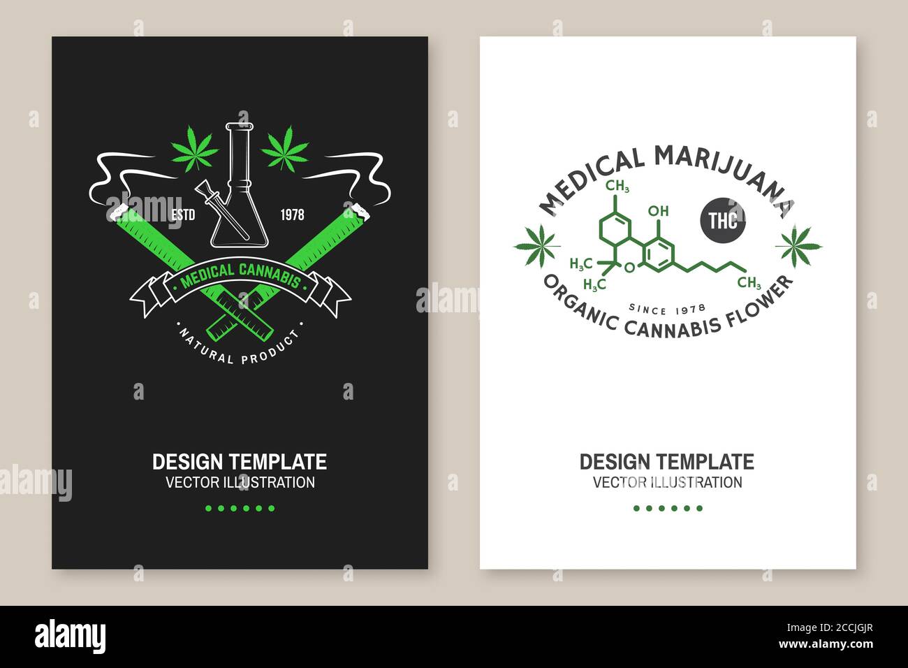 Medizinisches Cannabisplakat, Flyer, Vorlage mit Cannabisblatt, Glasbong. Vektor. Typografie Logo Design mit Cannabisblatt, Glas Bong Silhouette für Unkrautladen, Cannabis, Marihuana Lieferservice Stock Vektor