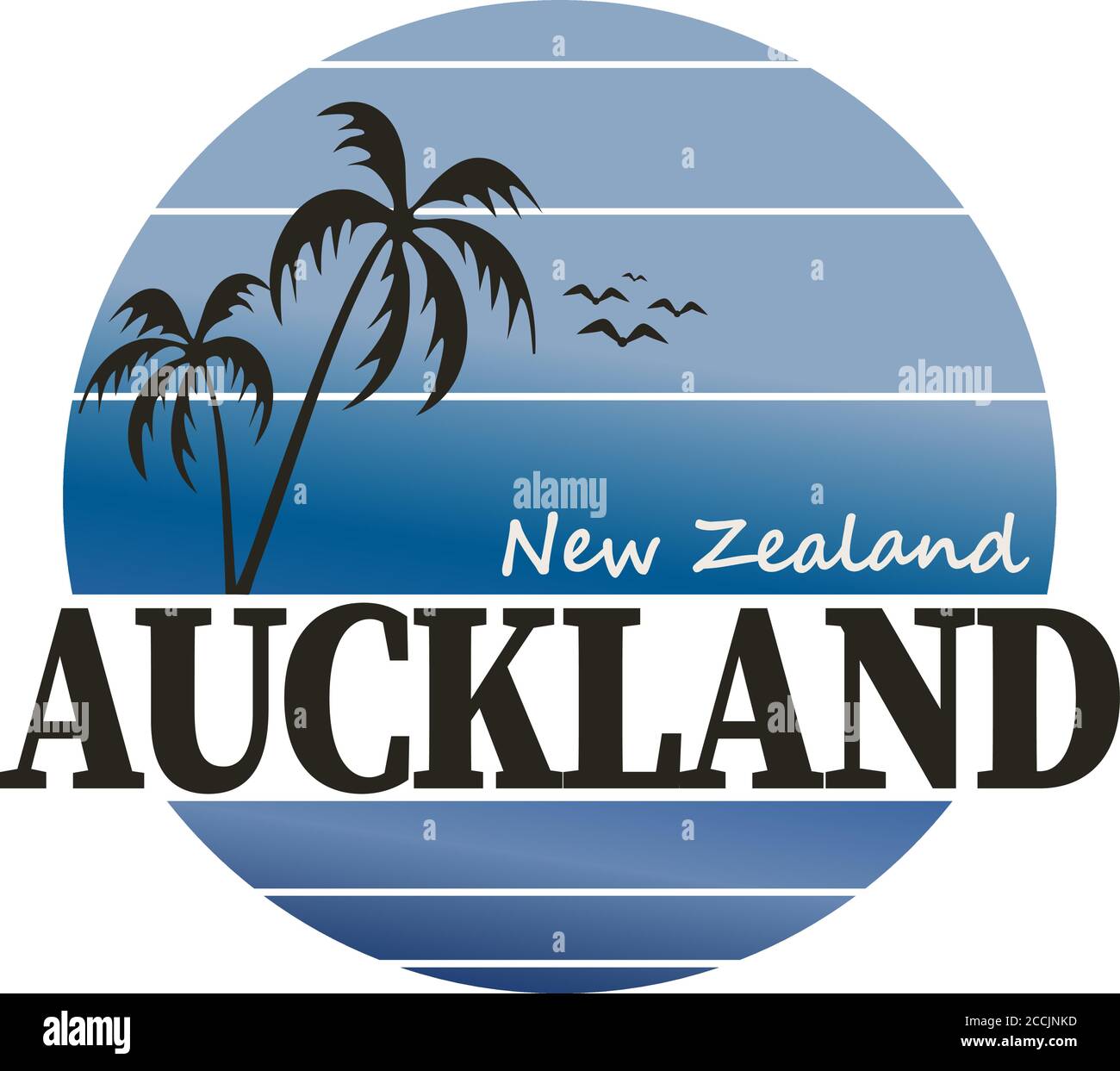 Auckland, Neuseeland Palmenstrand Logo. Abenteuer Landschaft Design Vektor Illustration. Stock Vektor