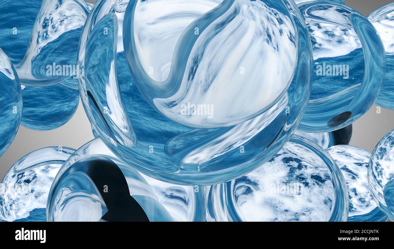 Wasserblaue Gelbälle. Polymergel. Kieselgel. Kugeln aus blauem Hydrogel. Kristall flüssige Kugel mit Reflexion. Stockfoto