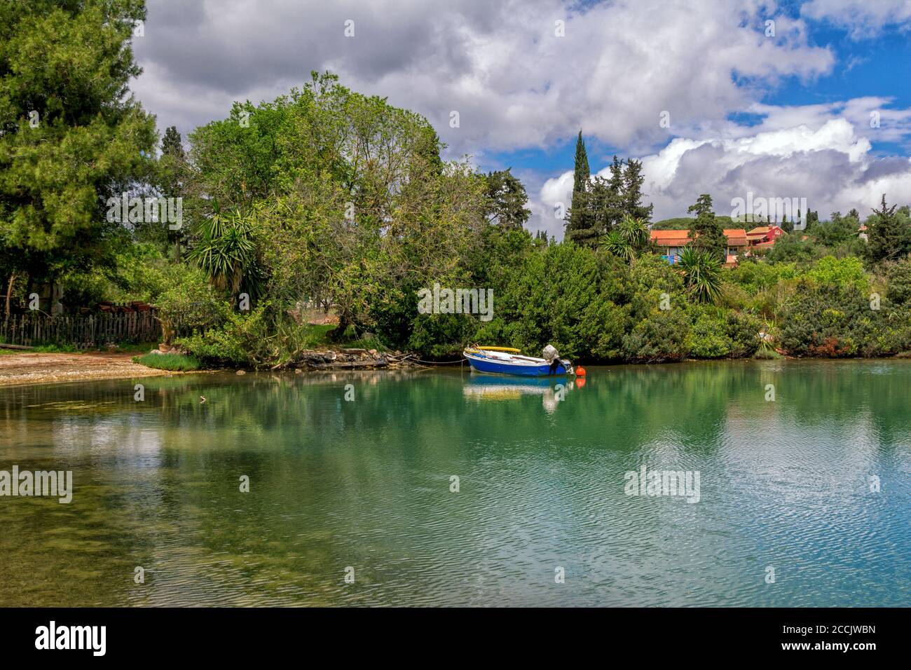 Schöne ruhige Landschaft - Meeresbucht mit ruhigem Wasser, Fischerboot, Küste - grüne Wiesen und Palmen. Korfu Insel, Griechenland. Stockfoto