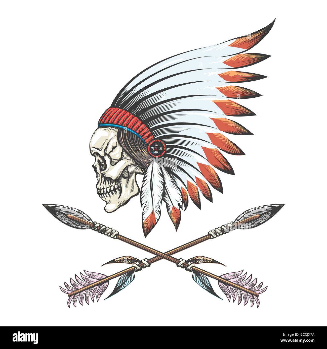 Menschlicher Schädel trägt native amerikanische Krieg Haube und zwei gekreuzte Pfeile Tattoo. Vektorgrafik. Stock Vektor