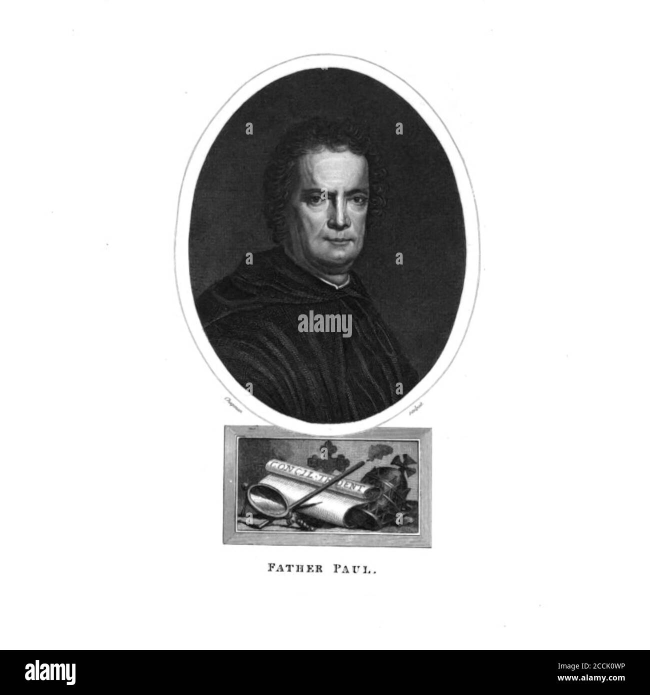 Porträt von Pater Paul [Paolo Sarpi (14. August 1552 – 15. Januar 1623) war ein venezianischer Historiker, Prälat, Wissenschaftler, Kanoniker Rechtsanwalt, Und Staatsmann, der im Auftrag der Venezianischen Republik aktiv war, während der Zeit ihres erfolgreichen Missachtung des päpstlichen Interdikts (1605–1607) und seines Krieges (1615–1617) mit Österreich über die Uskoken-Piraten. Sein Hauptwerk die Geschichte des Konzils von Trient] Kupferstich aus der Encyclopaedia Londinensis oder, Universal Wörterbuch der Künste, Wissenschaften und Literatur; Band XIX; herausgegeben von Wilkes, John. Veröffentlicht 1823 in London Stockfoto