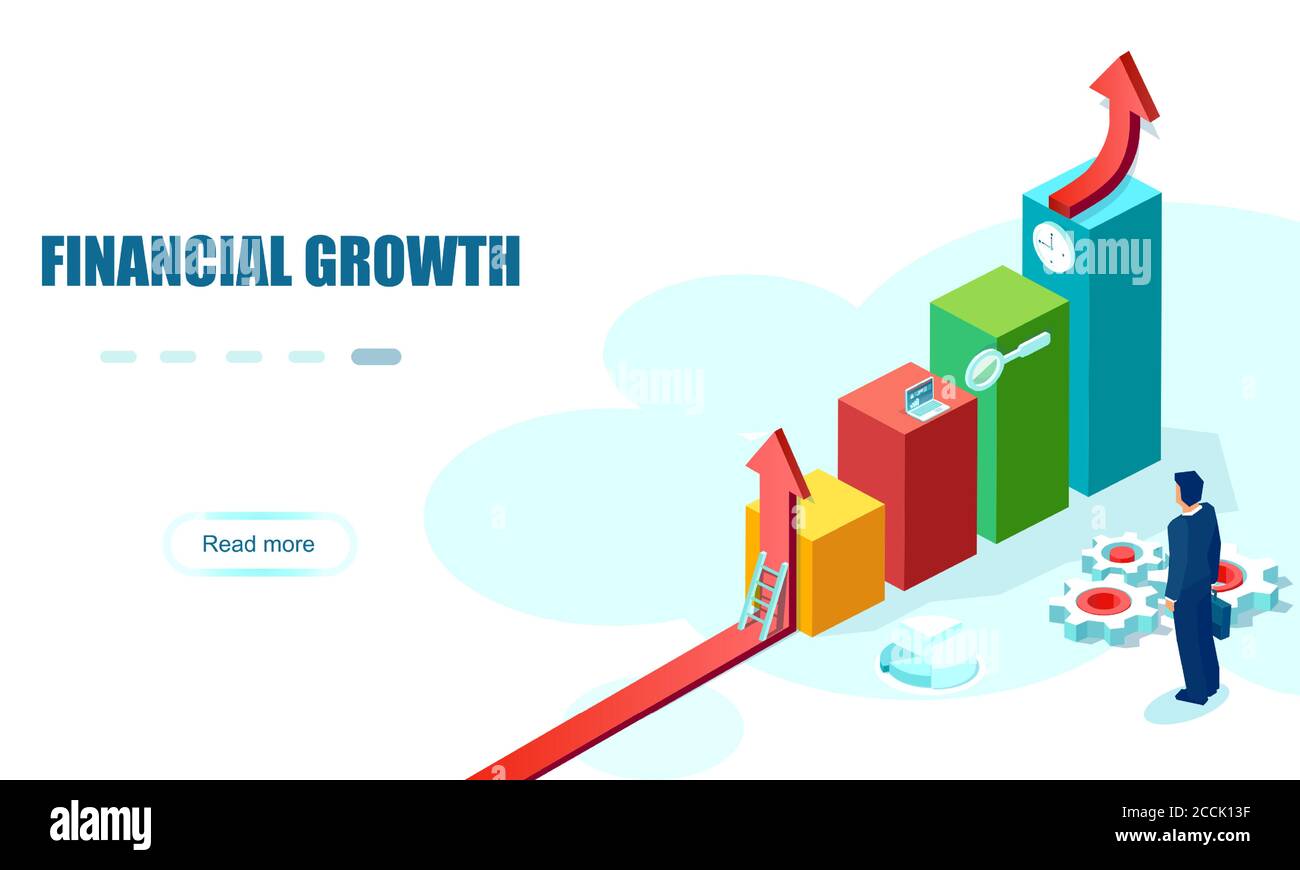 Vektor eines Geschäftsmannes, der ein positives finanzielles Wachstum betrachtet, steigt herauf Diagramm. Geschäftsanalyse und Finanzleistungskonzept Stock Vektor