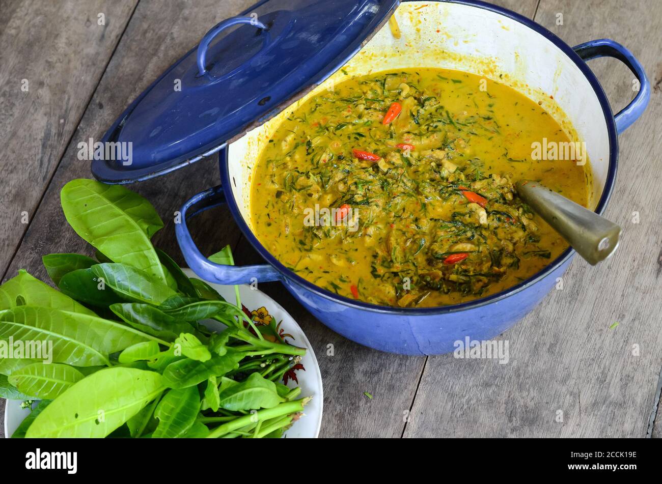 'Kaeng Kua Plalai' oder 'Thai Spicy Swamp Eel Curry' ist ein traditionelles würziges hausgemachtes Curry, das in der Landseite Thailands beliebt ist. Stockfoto