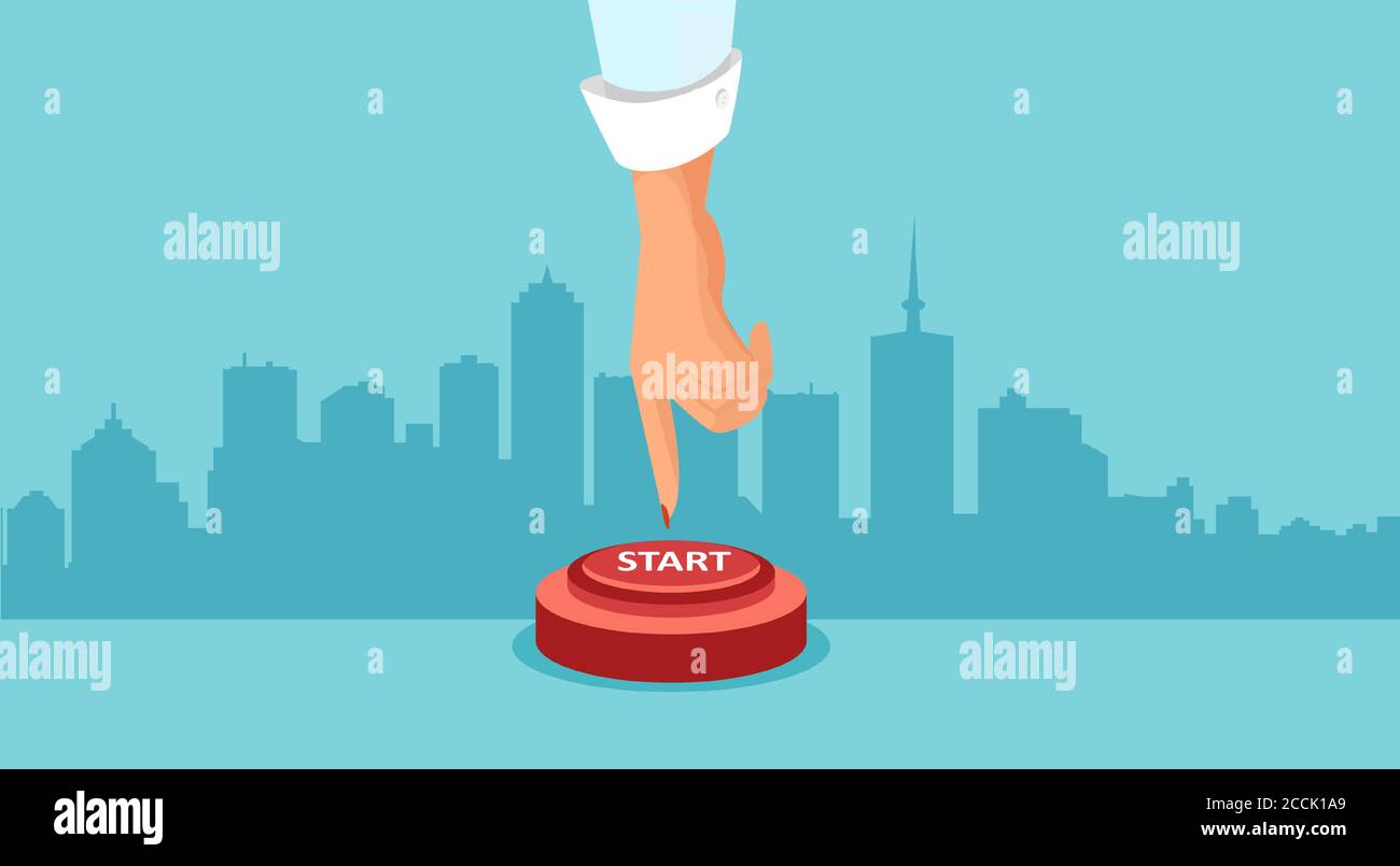 Vektor einer Geschäftsfrau Hand, die einen roten Start schiebt Und starten Sie ein Startup auf einem Stadtbild Hintergrund Stock Vektor