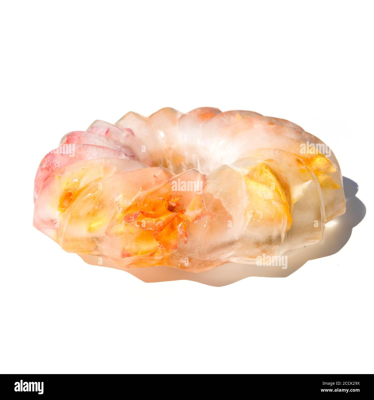 Gefrorene Blumen in einem Block von Eis Form Kuchen gefangen. Rosen im Eis. Stockfoto