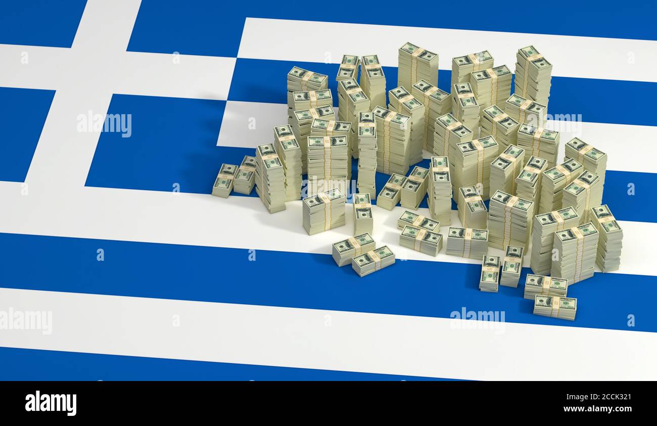 Stapel von 100-Dollar-Banknoten auf griechischer Nationalflagge. 3D-Rendering Stockfoto