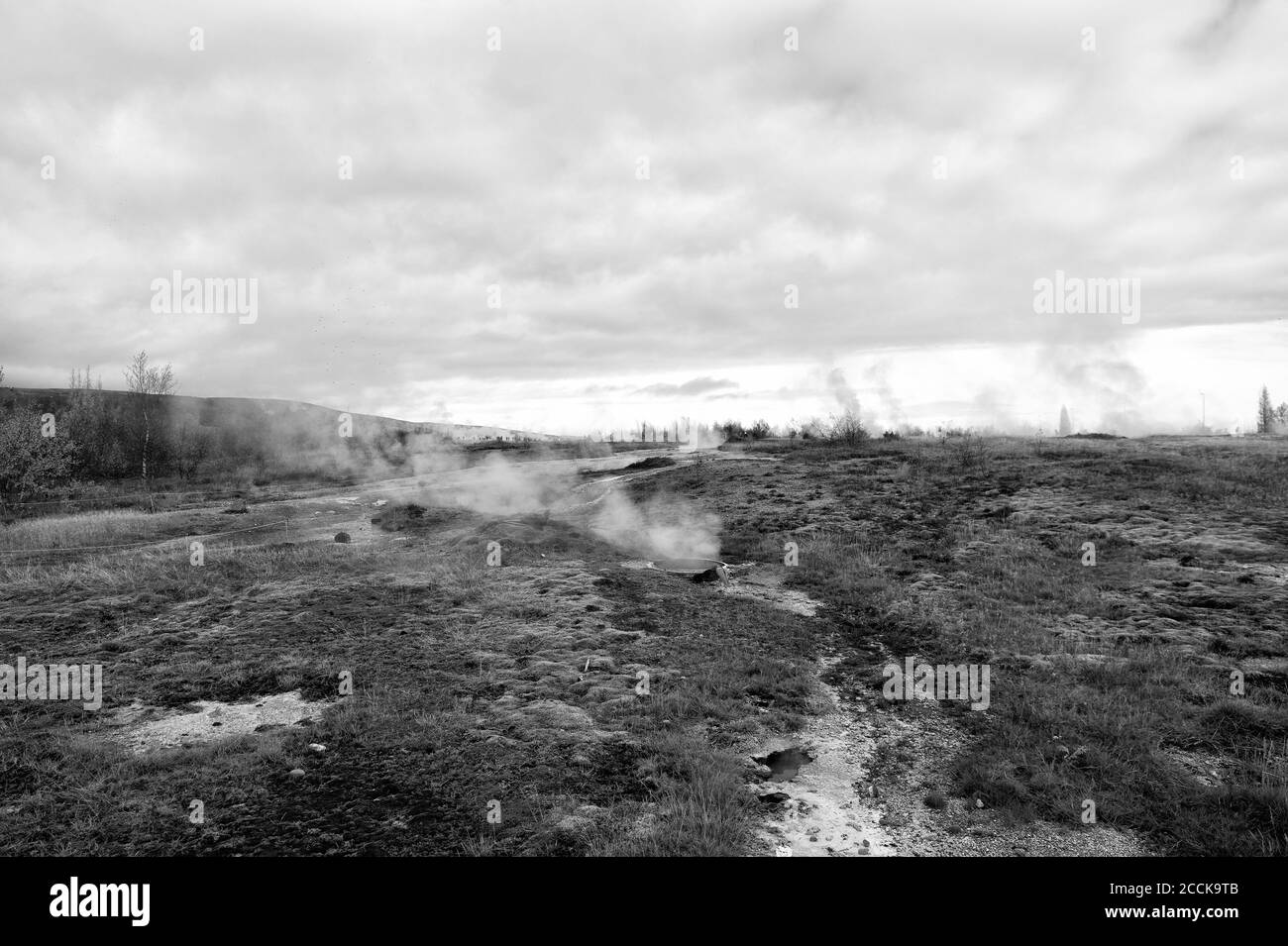 Geysir natürlichen Wunder. Dampf der heißen Mineralquelle in Island. Island ist berühmt für Geysire. Island Geysir Park. Landschaft Wiese mit Wolken von Dampf. Geysir. Sehr aktive geysir. Stockfoto