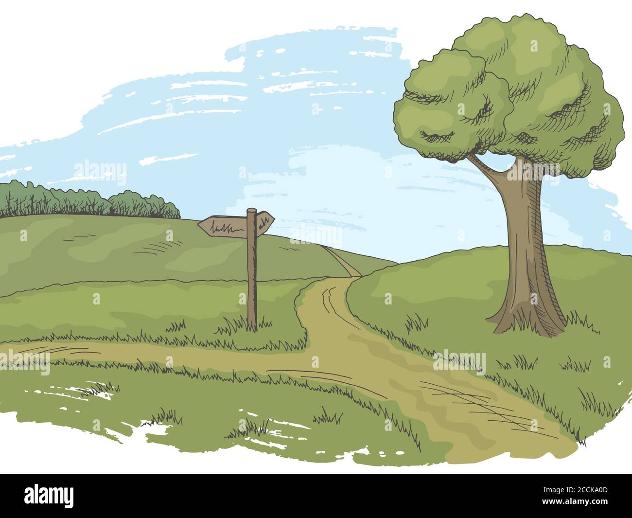 Crossroad Pfad Grafik Farbe Baum Landschaft Skizze Illustration Vektor Stock Vektor