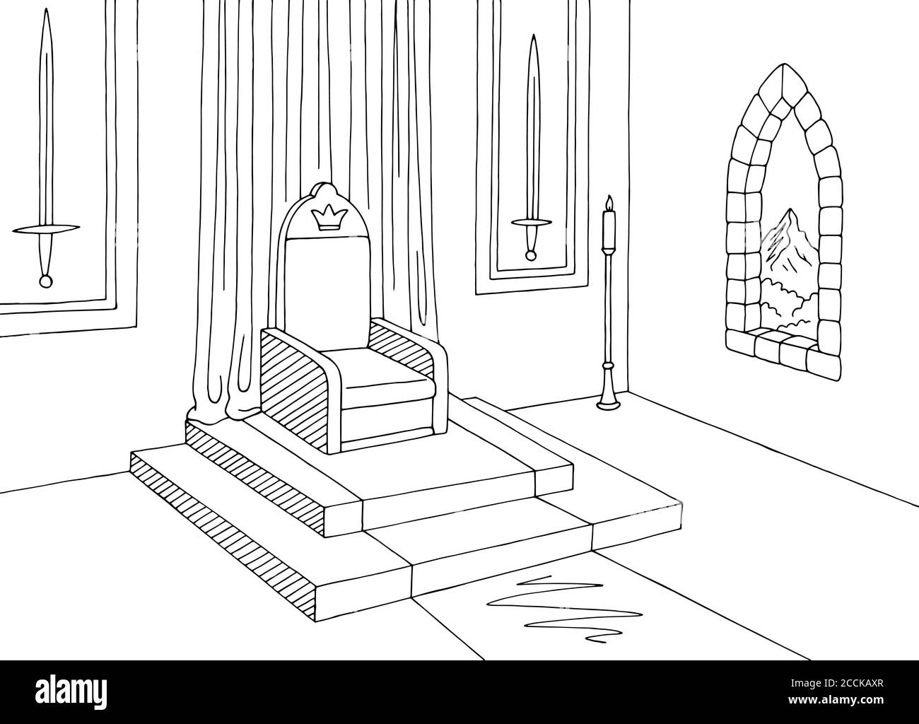 Throne Zimmer Grafik Schloss Innenraum schwarz weiß mittelalterliche Skizze Illustration Vektor Stock Vektor