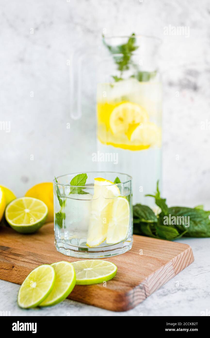 Detox Wasser mit Zitrone, Limette und Minze und Eiswürfel Stockfoto