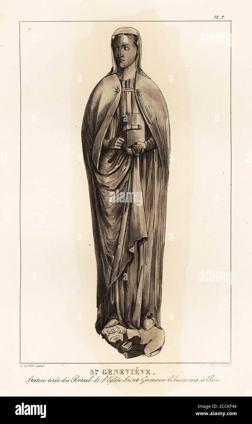 Statue des Heiligen Genevieve (ca. 419-502), schutzpatron von Paris, in Saint-Germain-l’Auxerrois, Paris. St. Genevieve, Statue tiree du portail de l’eglise Saint Germain l’Auxerrois a Paris. Getönte Lithographie von Villain nach einer Illustration von Horace de viel-Castel aus seiner Collection des Costumes, Armes et meubles pour servir à l'histoire de la France (Sammlung von Kostümen, Waffen und Möbeln für die Geschichte Frankreichs), Treuttel & Wurtz, Bossange, 1827. Stockfoto