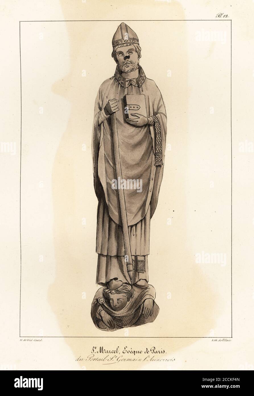 Statue des heiligen Marcellus oder Marcellinus, 360–436, 9. Bischof von Paris, vom Portal nach Saint Germain l’Auxerrois. St. Marcel, Eveque de Paris, du portail St. Germain l’Auxerrois. Getönte Lithographie von Villain nach einer Illustration von Horace de viel-Castel aus seiner Collection des Costumes, Armes et meubles pour servir à l'histoire de la France (Sammlung von Kostümen, Waffen und Möbeln für die Geschichte Frankreichs), Treuttel & Wurtz, Bossange, 1827. Stockfoto