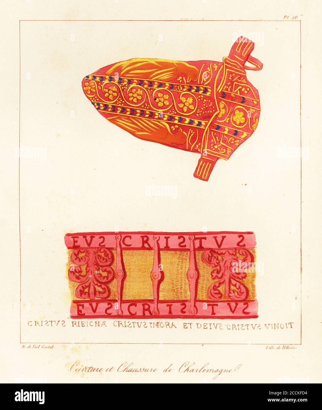 Gürtel und Schuh von Kaiser Karl dem Großen, 748-814. Ceinture et Chaussure de Charlemagne. Handkolorierte Lithographie von Villain nach einer Illustration von Horace de viel-Castel aus seiner Collection des Costumes, Armes et meubles pour servir à l'histoire de la France (Sammlung von Kostümen, Waffen und Möbeln zur Verwendung in der Geschichte Frankreichs), Treuttel & Wurtz, Bossange, 1827. Stockfoto