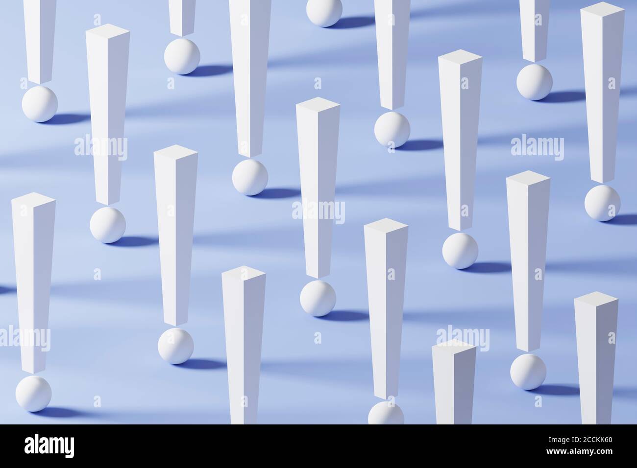 Dreidimensionales Muster aus Reihen weißer Ausrufezeichen Stockfoto