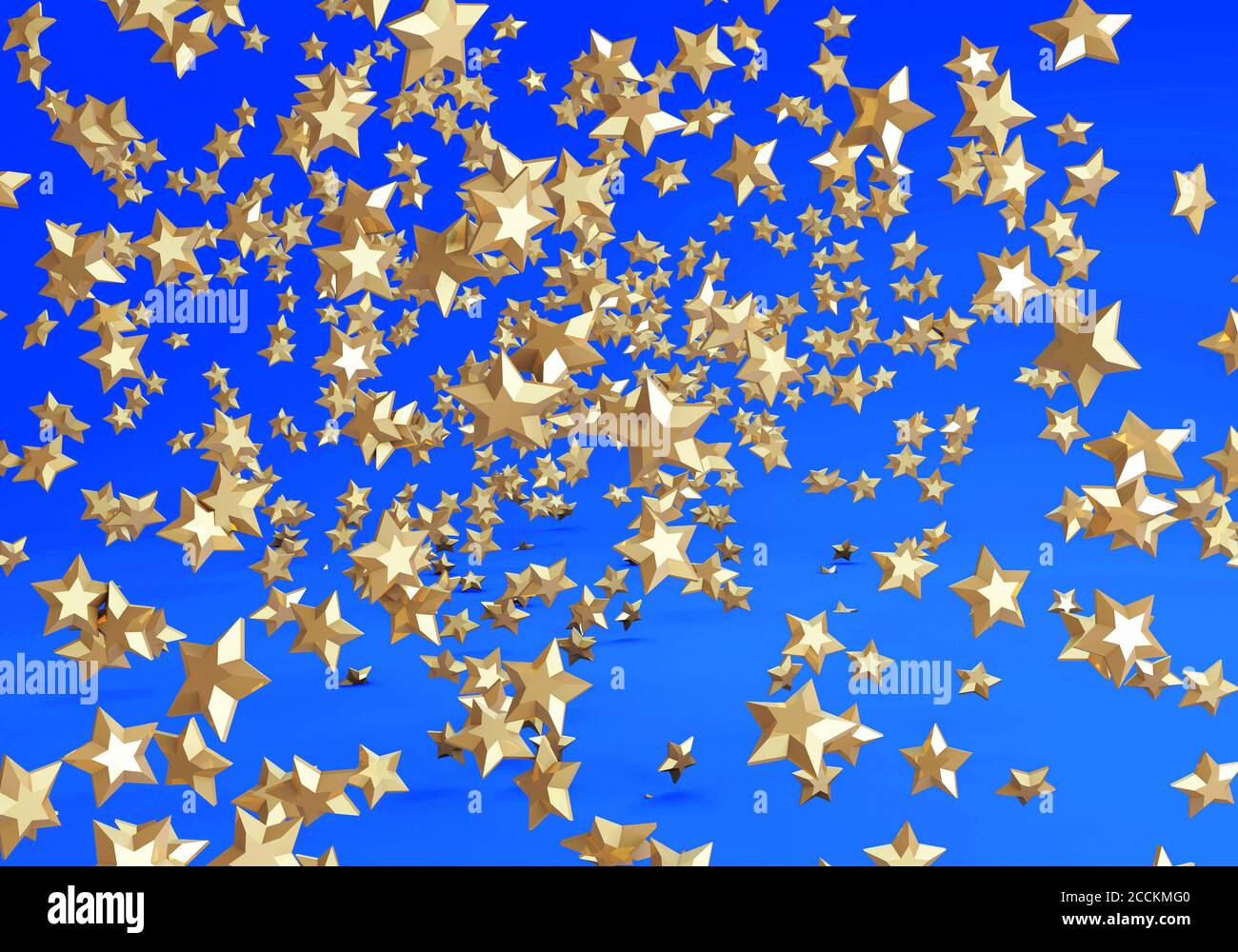 3d Render Konzept von Tausenden von goldenen Sternen auf einem Blauer Hintergrund Stockfoto