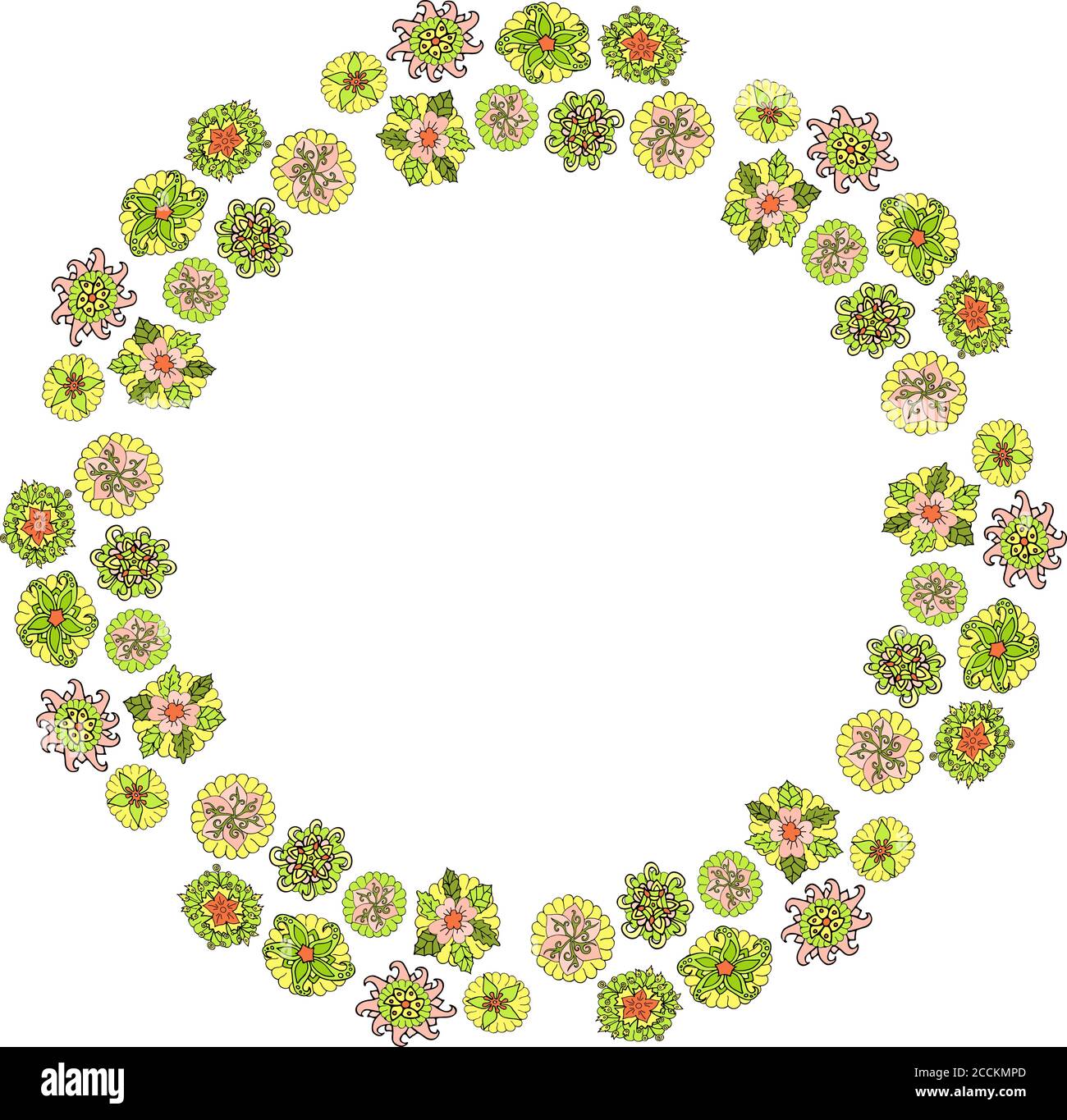 Schöne Blumenkunst mit Kranz von dekorativen Blumen auf weiß Hintergrund Stock Vektor